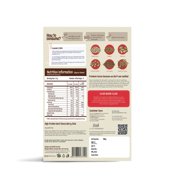 DOCTOR`S CHOICE PROTEIN OATS 750 GM DARK CHOCO BERRY