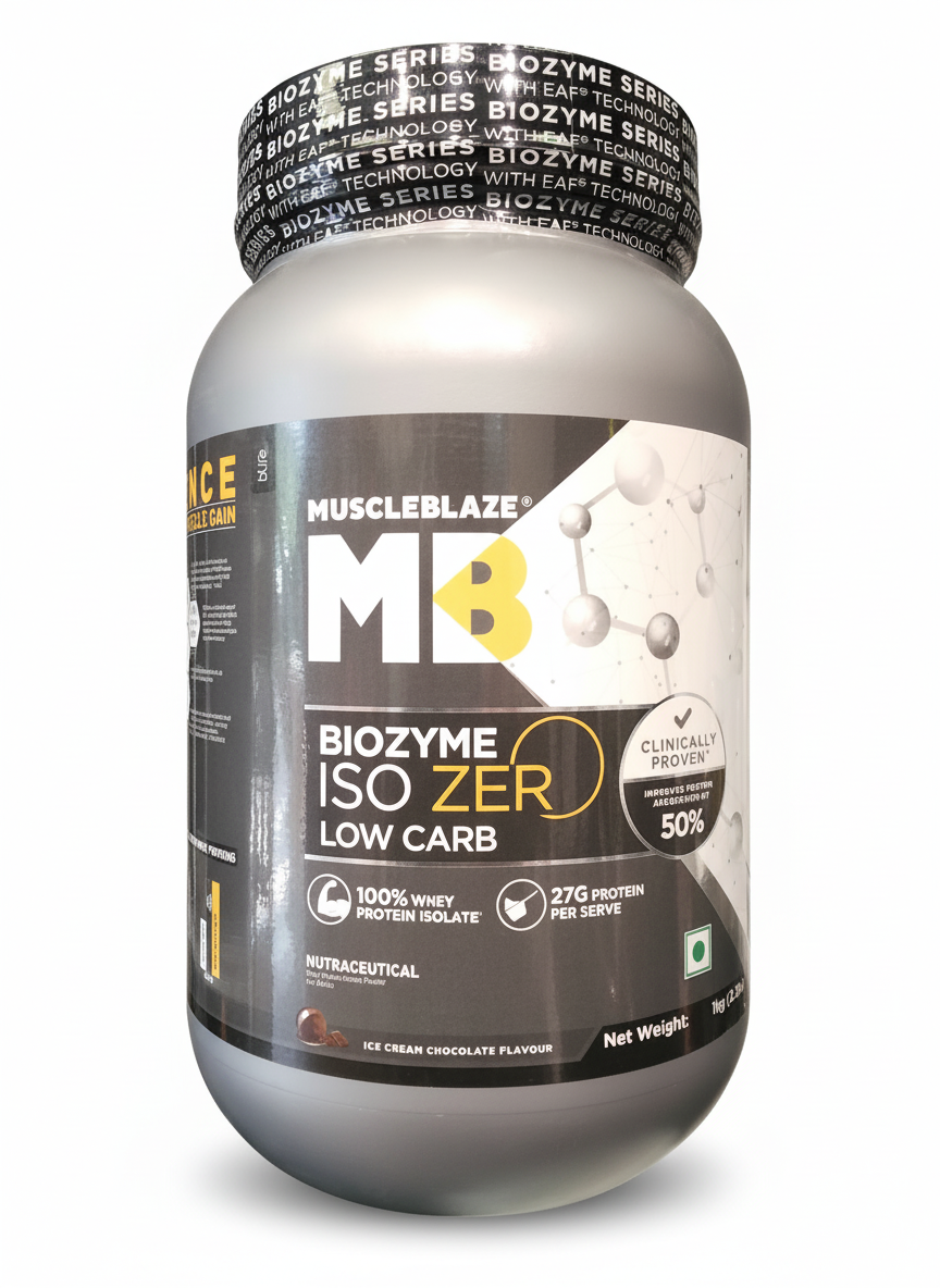 Muscleblaze Biozyme Iso Zero Low Carb 1 Kg Ice Cream Chocolate - front