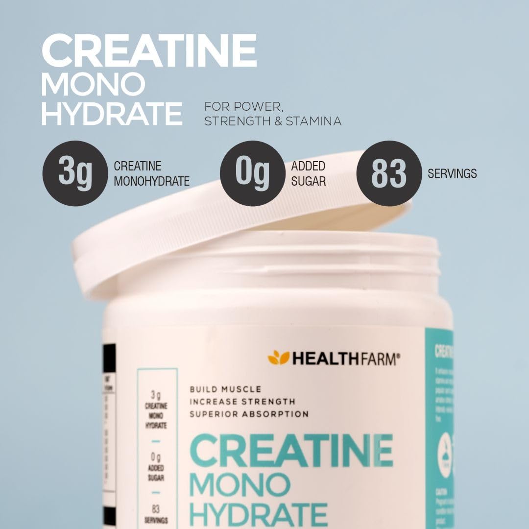 Healthfarm Creatine Monohydrate Powder - 3g of Micronized Creatine Powder per Serving,Lab Tested(250 GM) Enhanced Muscle Strength and Power | Fast Recovery | Increased Muscle Mass