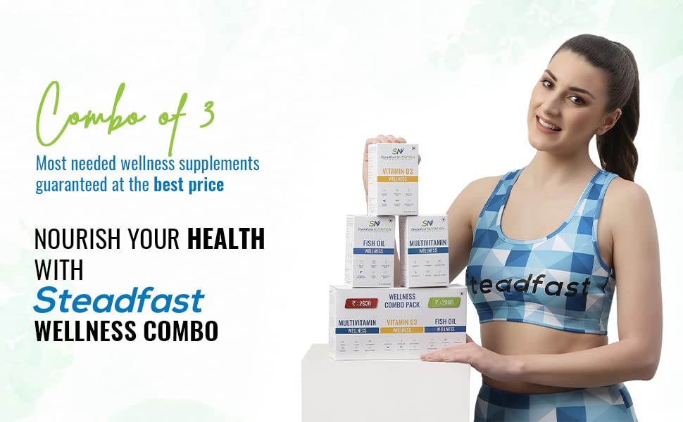 Steadfast Nutrition Wellness Combo Nutrition Pack for Stronger Bones, Improves Sleep Quality, Powerful Antioxidant, Healthy Hair and Skin (Multivitamin + Fish oil + Vitamin D3)