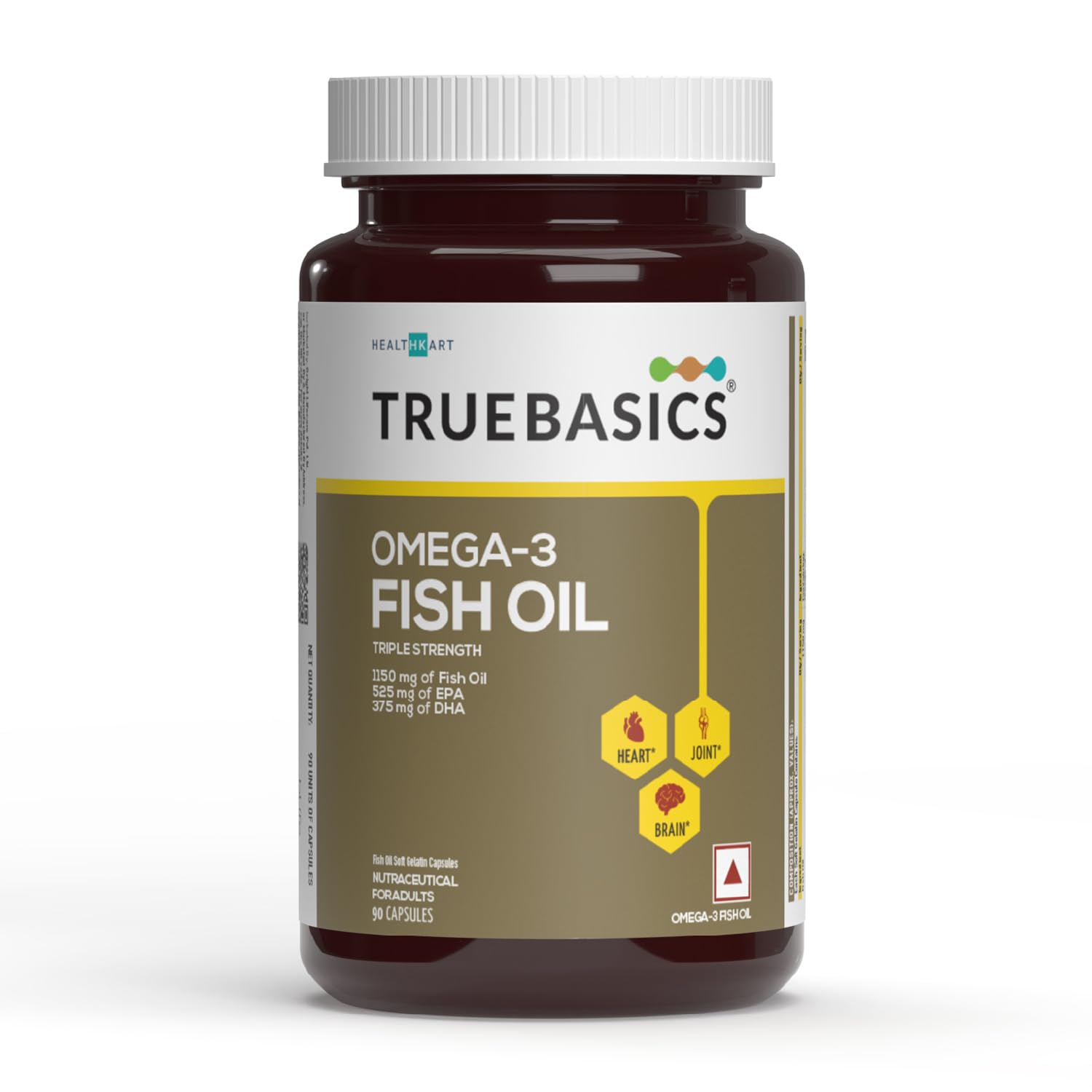TrueBasics Omega 3 Fish Oil (90 Capsules) | Triple Strength with 1150mg Omega, 525mg EPA & 375mg DHA | For Healthy Heart, Eyes & Joints, 90 grams