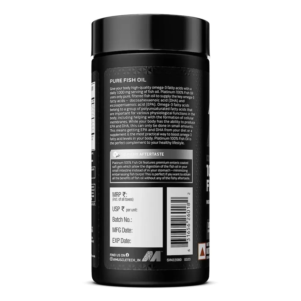MuscleTech Platinum 100% Fish Oil For Men And Women, 1000Mg Omega 3 With 180 Mg Epa & 120 Mg Dha For Heart, Joints & Brain Health, 100 Softgels, 1 count, 100 servings