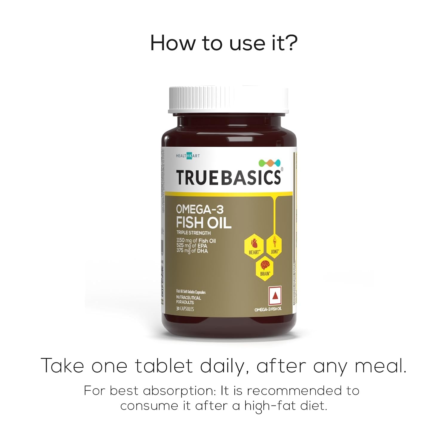 TrueBasics Omega 3 Fish Oil (30 Capsules) | Triple Strength with 1150mg Omega, 525mg EPA & 375mg DHA | For Healthy Heart, Eyes & Joints, 30 grams