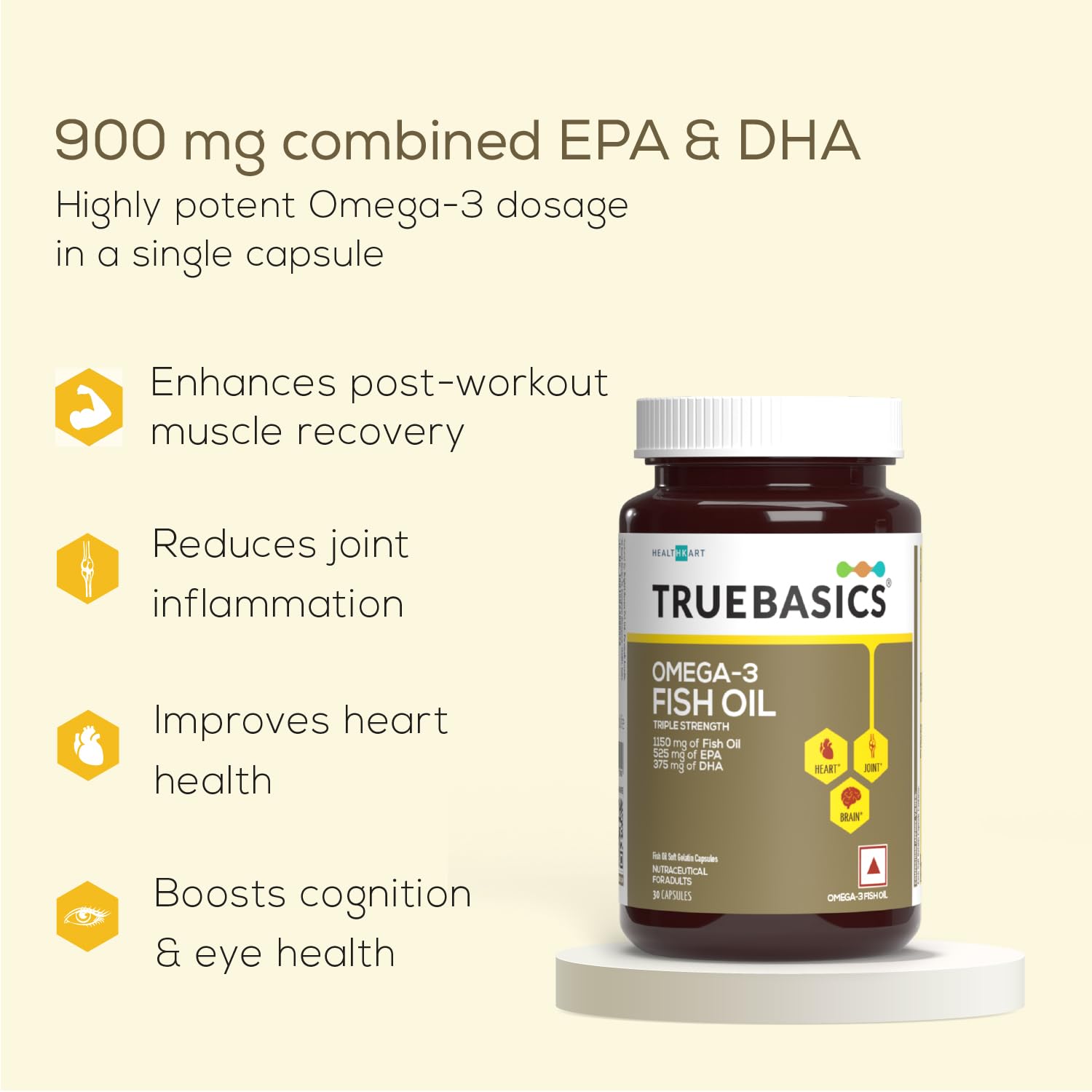 TrueBasics Omega 3 Fish Oil (30 Capsules) | Triple Strength with 1150mg Omega, 525mg EPA & 375mg DHA | For Healthy Heart, Eyes & Joints, 30 grams