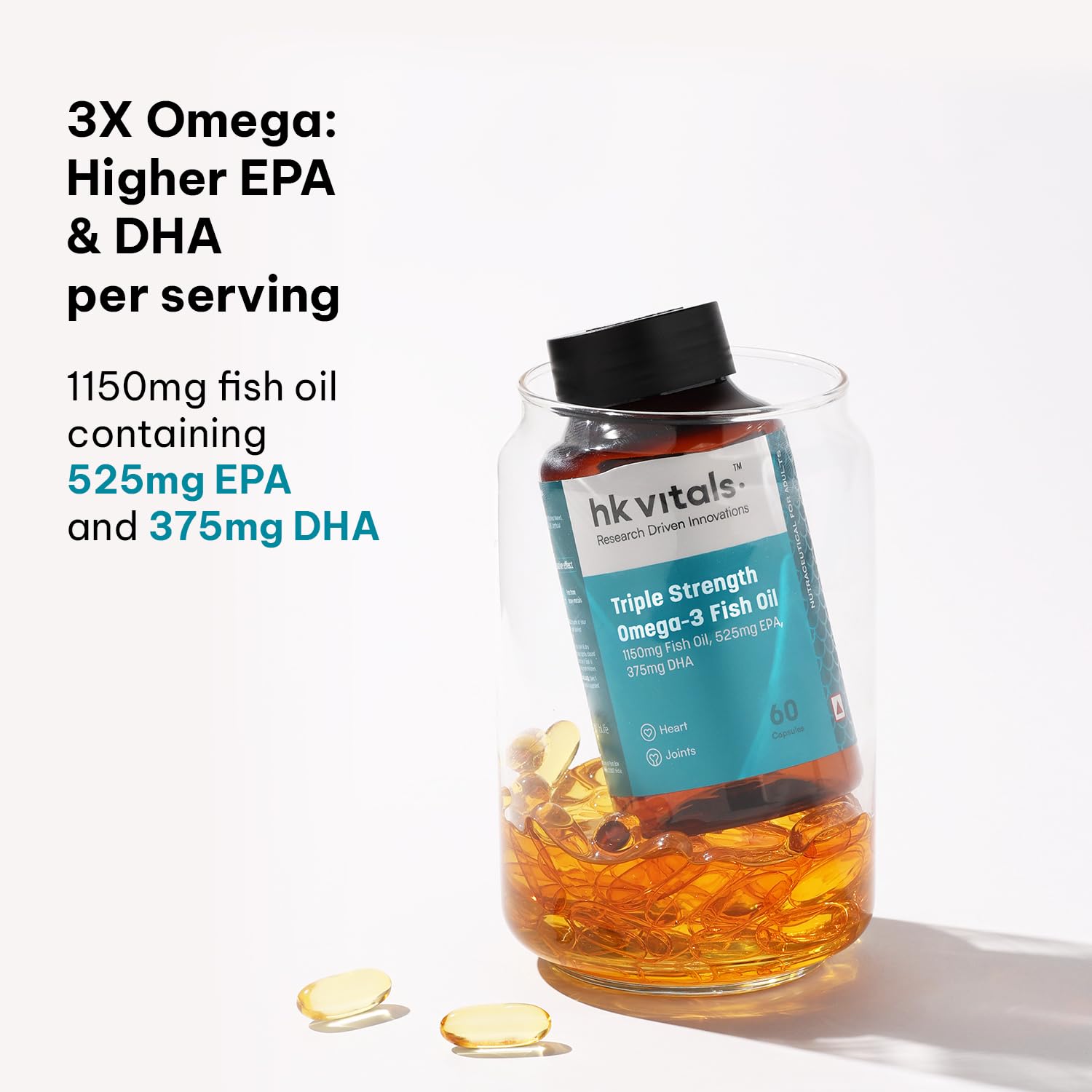 hk vitals Triple Strength Omega-3 Fish Oil Supplement (60 Capsules) | For Men and Women, 525mg EPA & 375mg DHA | For Healthy Heart & Joints
