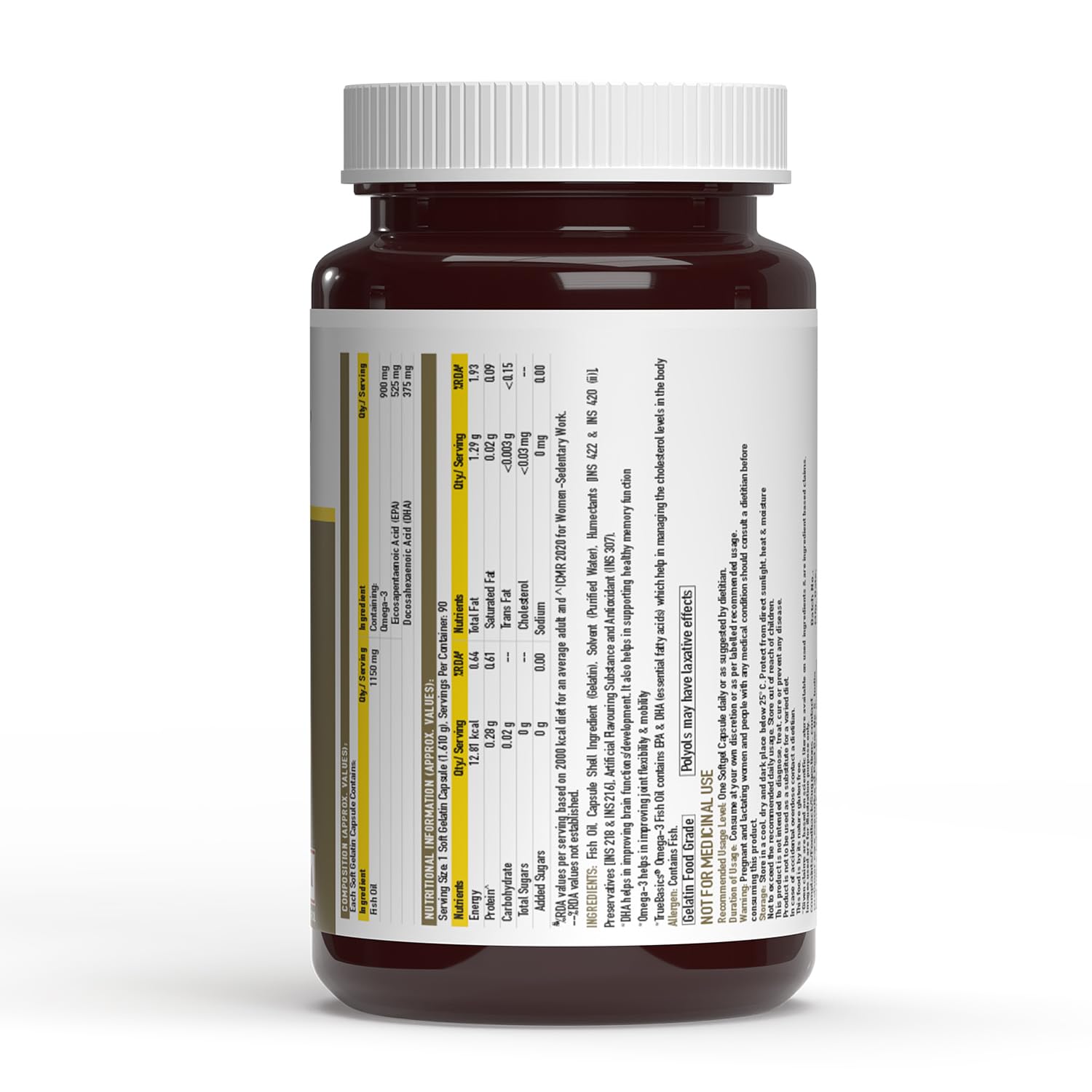 TrueBasics Omega 3 Fish Oil (90 Capsules) | Triple Strength with 1150mg Omega, 525mg EPA & 375mg DHA | For Healthy Heart, Eyes & Joints, 90 grams