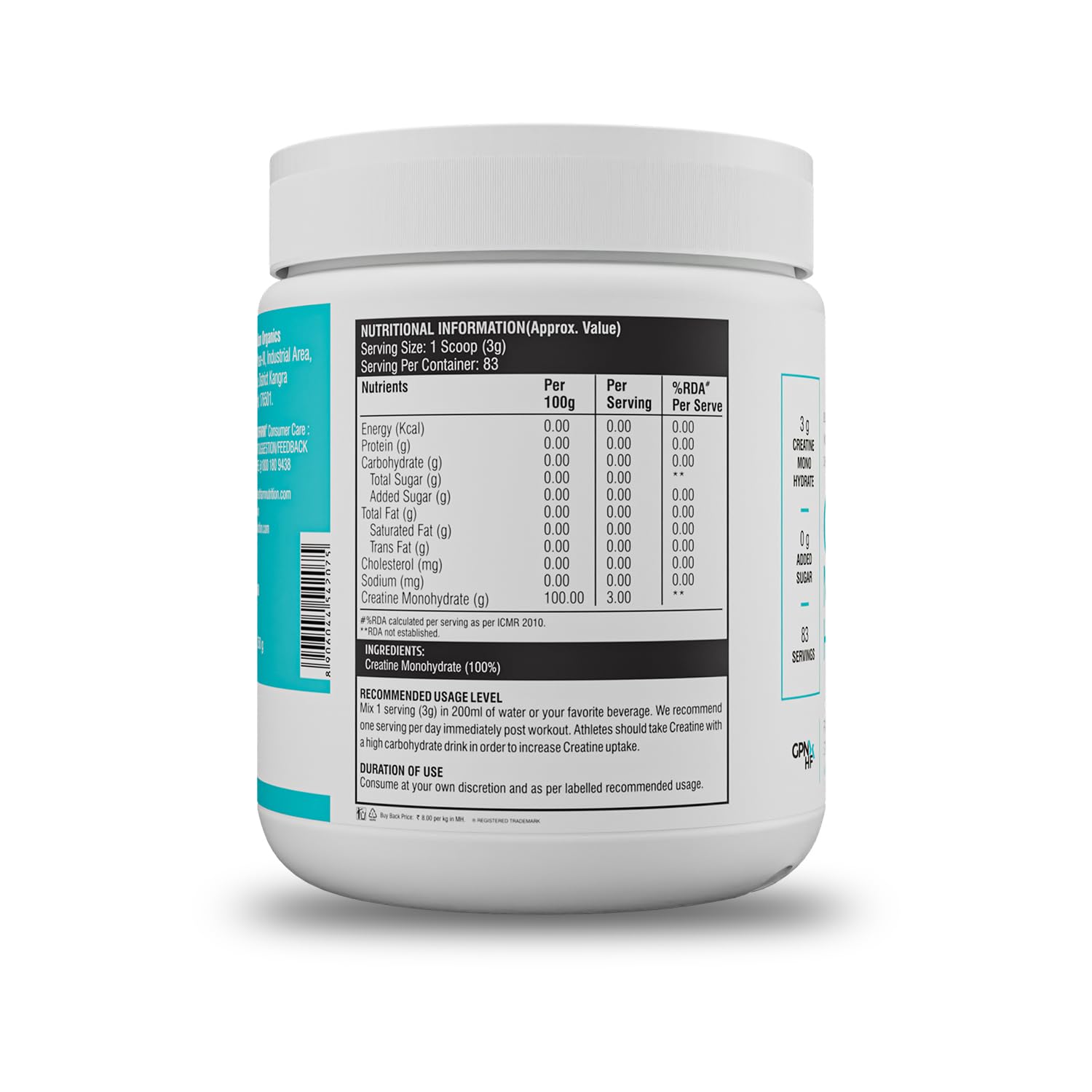 Healthfarm Creatine Monohydrate Powder - 3g of Micronized Creatine Powder per Serving,Lab Tested(250 GM) Enhanced Muscle Strength and Power | Fast Recovery | Increased Muscle Mass