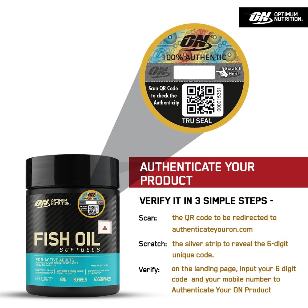 Optimum Nutrition (ON) Fish Oil - 60 Capsules, 300mg EPA/DHA Omega -3 Fatty Acids for Strong Bones-Healthy Joints, Brain, Heart, Skin & Eye Health