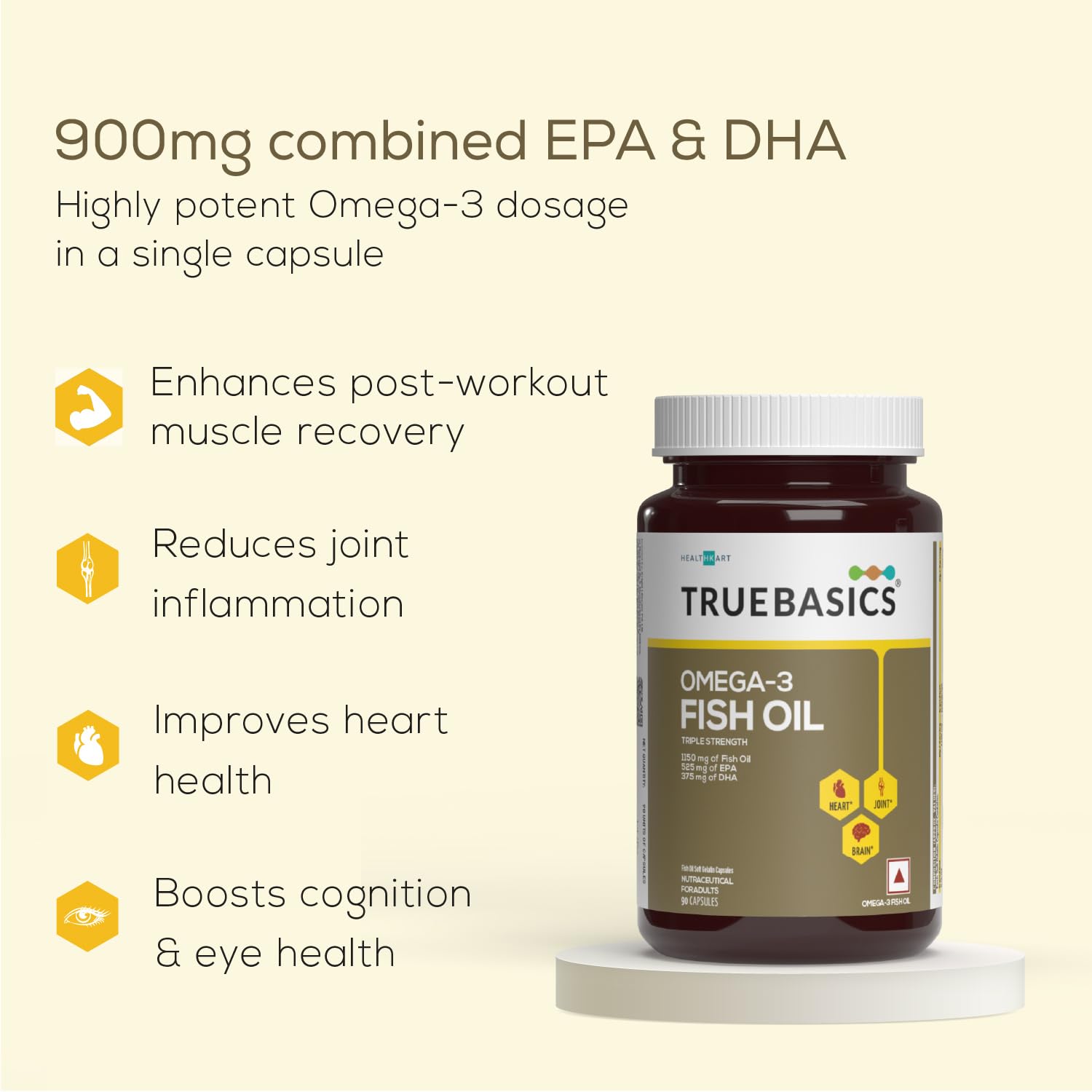 TrueBasics Omega 3 Fish Oil (90 Capsules) | Triple Strength with 1150mg Omega, 525mg EPA & 375mg DHA | For Healthy Heart, Eyes & Joints, 90 grams