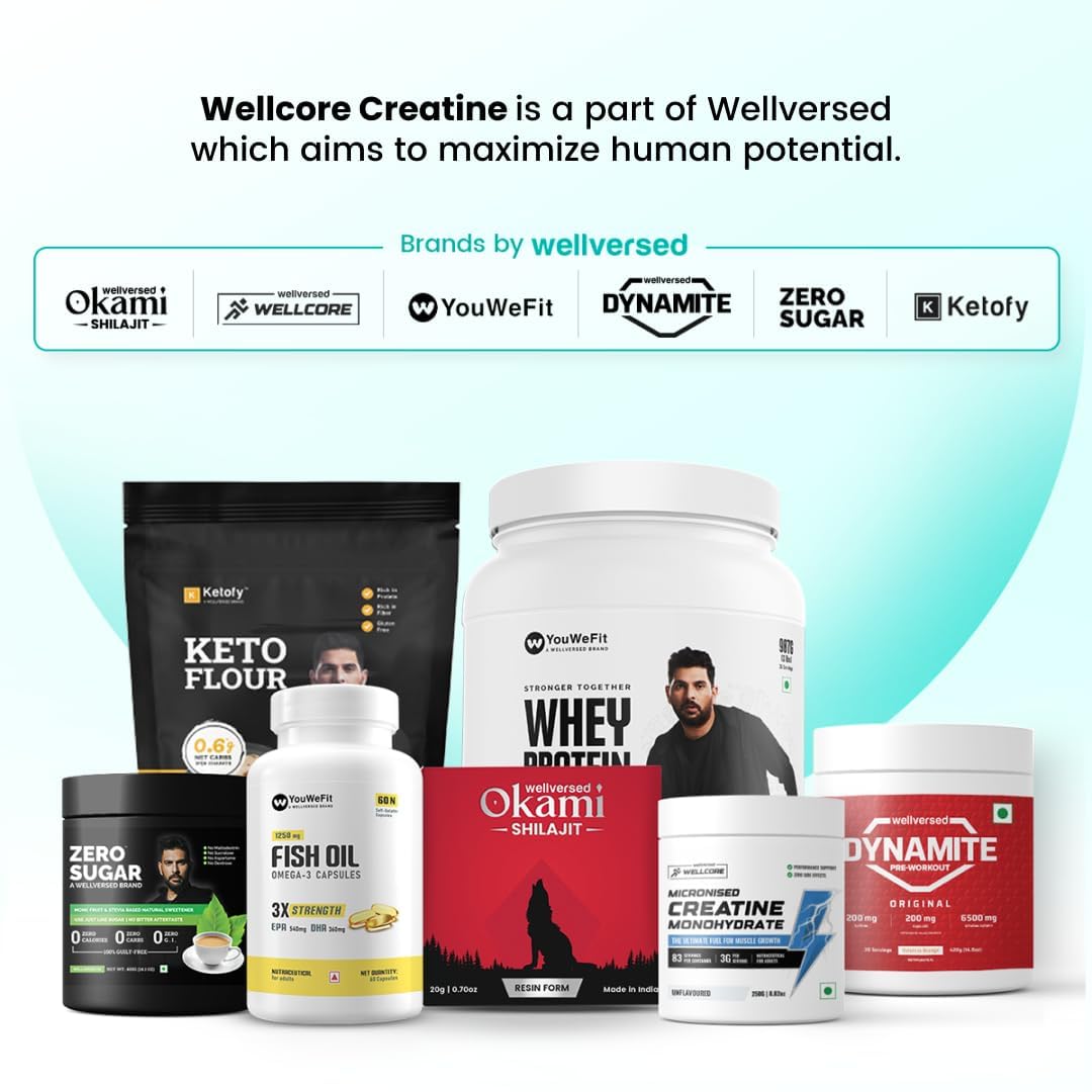 Wellcore - Pure Micronised Creatine Monohydrate Powder | Unflavoured (250G, 83 Servings) | Rapid Absorption | Enhanced Muscle Strength & Power | Fast Recovery | Increased Muscle Mass