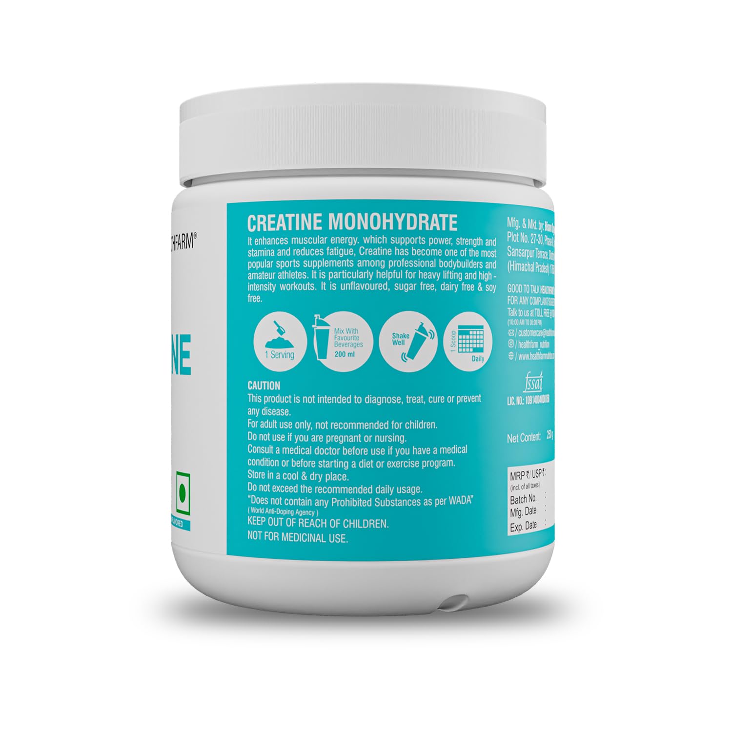 Healthfarm Creatine Monohydrate Powder - 3g of Micronized Creatine Powder per Serving,Lab Tested(250 GM) Enhanced Muscle Strength and Power | Fast Recovery | Increased Muscle Mass