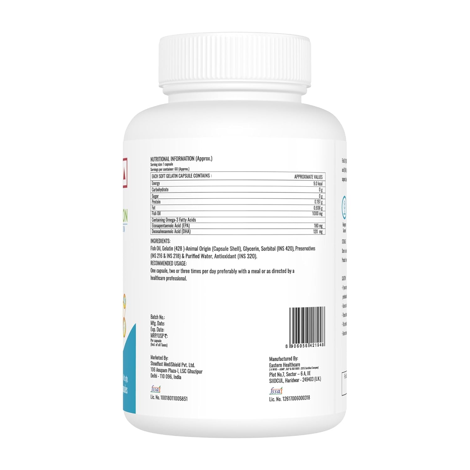 Steadfast Nutrition Omega 3 Fish Oil Capsule 1000mg Triple Strength for Healthy Heart, Brains, Joints & Body, for Men & Women 60 Softgel Capsules