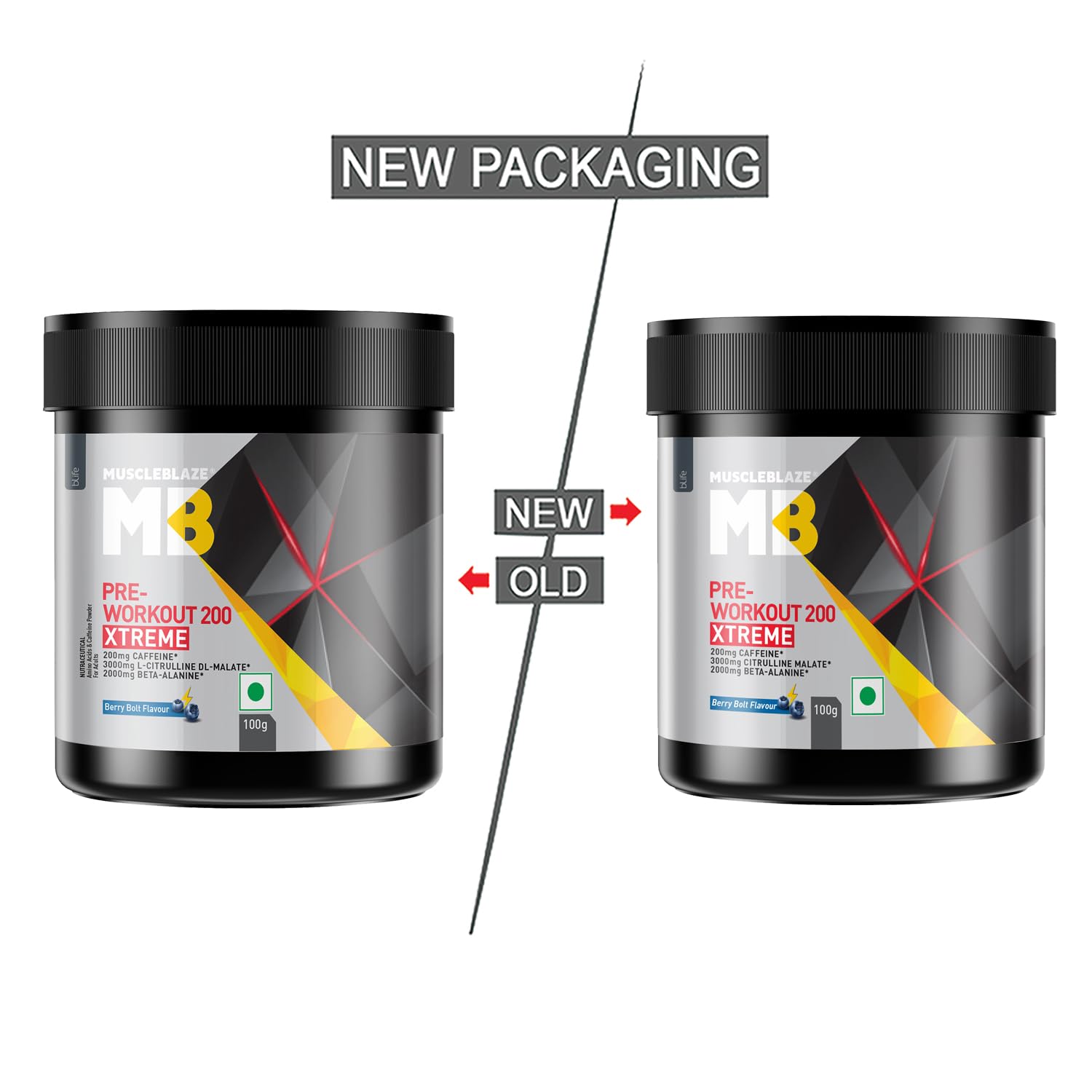 MuscleBlaze Pre Workout 200 Xtreme (Berry Bolt, 30 Servings, 100g) | 200mg Caffeine, 200mg Theanine, 2000mg Beta Alanine, 3000mg Citrulline