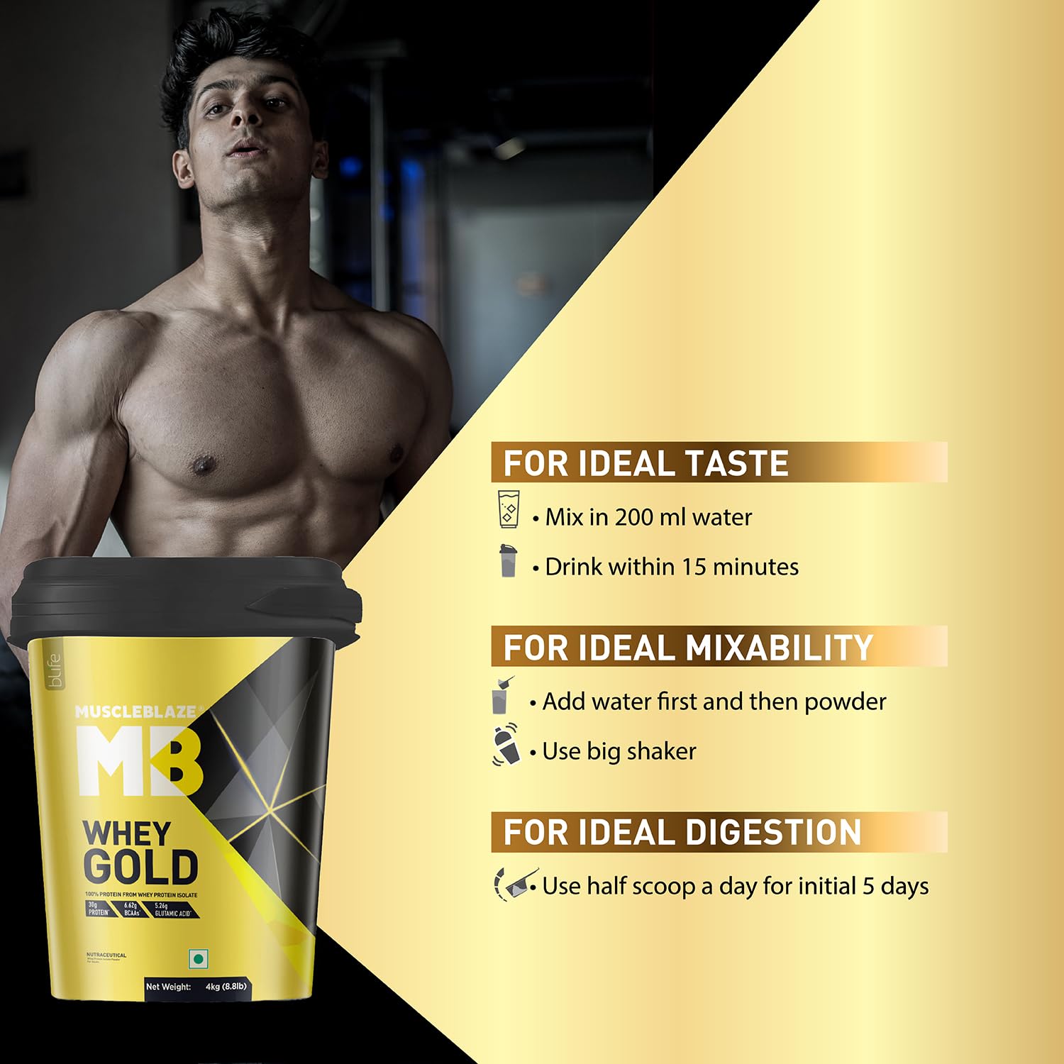 MuscleBlaze Whey Gold, 100% Whey Protein Isolate, Labdoor USA Certified, 30g Whey Protein Per Scoop (Rich Milk Chocolate, 4kg / 8.8lb)