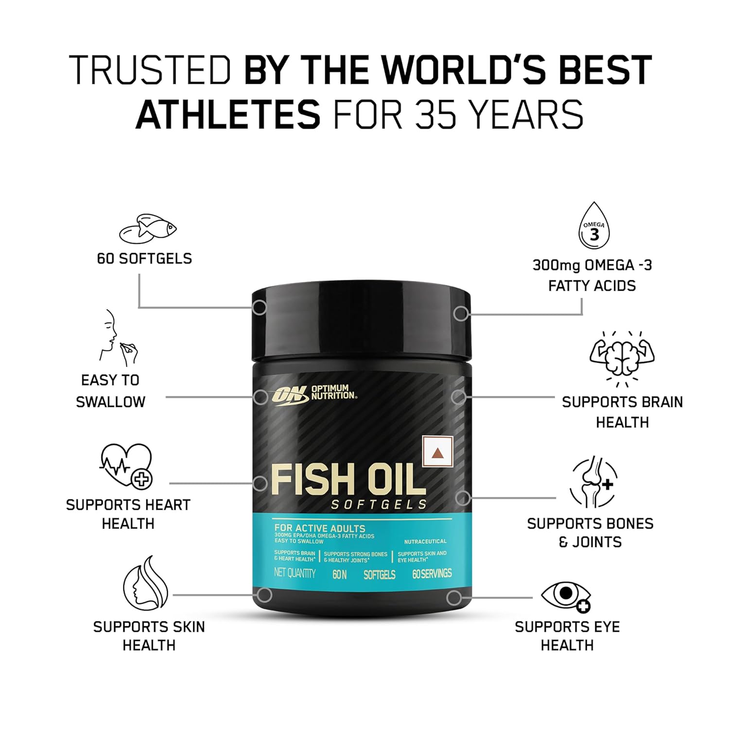 Optimum Nutrition (ON) Fish Oil - 60 Capsules, 300mg EPA/DHA Omega -3 Fatty Acids for Strong Bones-Healthy Joints, Brain, Heart, Skin & Eye Health