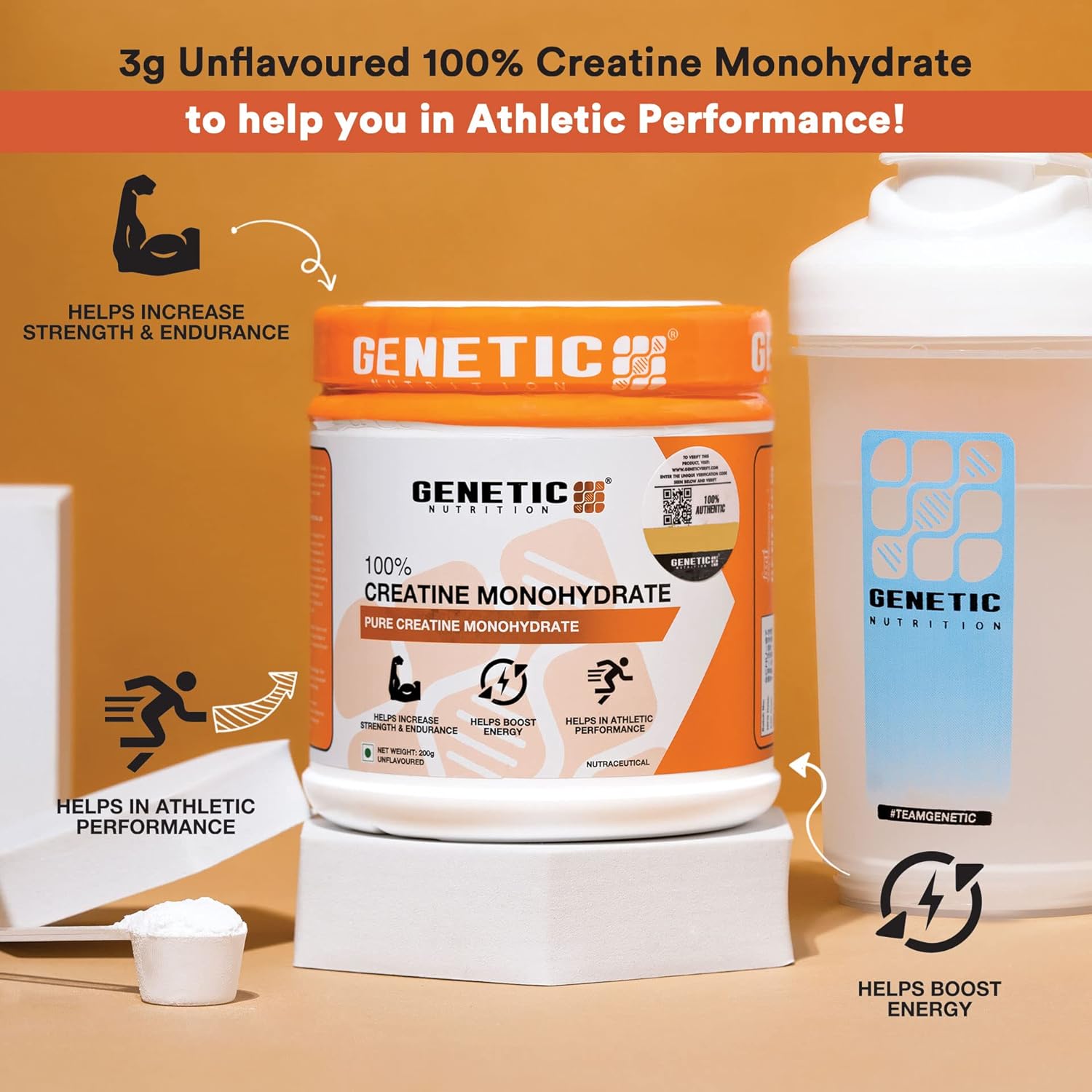 Genetic Nutrition 100% Pure Creatine Monohydrate Powder (Unflavoured)|Pure Creatine Monohydrate Supplement|Helps Increase Strength and Endurance,Helps in Athletic Performance and Boost Energy,200 GM : Amazon.in: Health & Personal Care