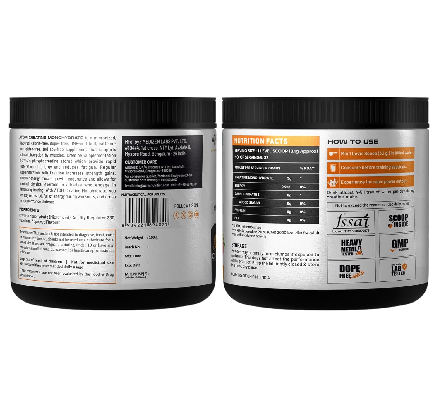 AS-IT-IS ATOM Creatine Monohydrate 100g - 32 Servings, Strawberry Lemonade, Dope free, Enhances Performance, Promotes Muscle Gains