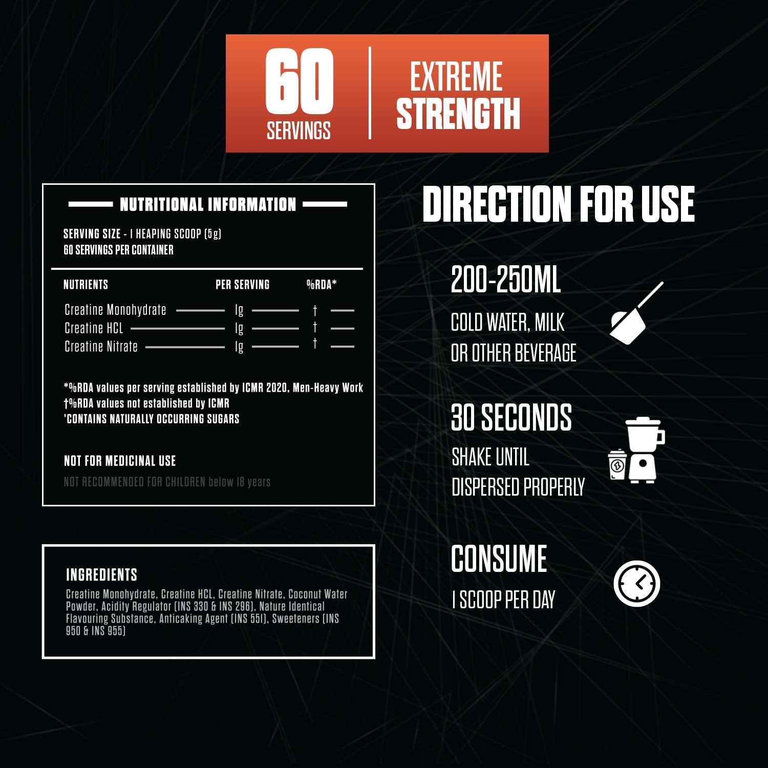 Exalt Supps The Mettle TRI Creatine | 300g | 100 Servings | Creatine Monohydrate | Creatine HCL | Faster Recovery | Extreme Strength (Orange)