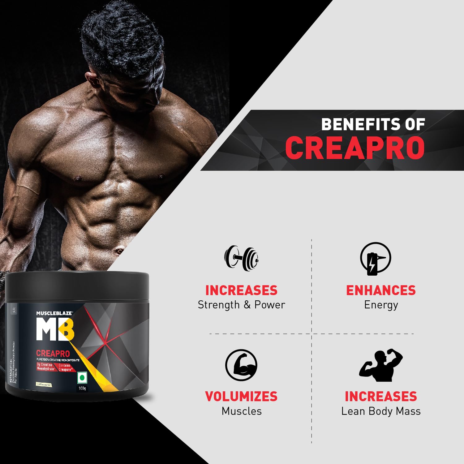 MuscleBlaze CreaPRO Creatine Monohydrate Powder with Creapure, Unflavoured (33 Servings, 100g)