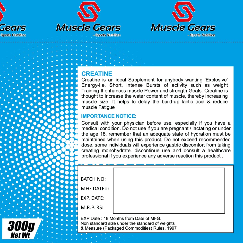 Muscle Gears Creatine Monohydrate's Pure Performance Boost & Unleash Your Potential | ISO & FSSAI Certified For Post-workout & Pre-workout Nutritional Food Supplements. (100 Servings.)
