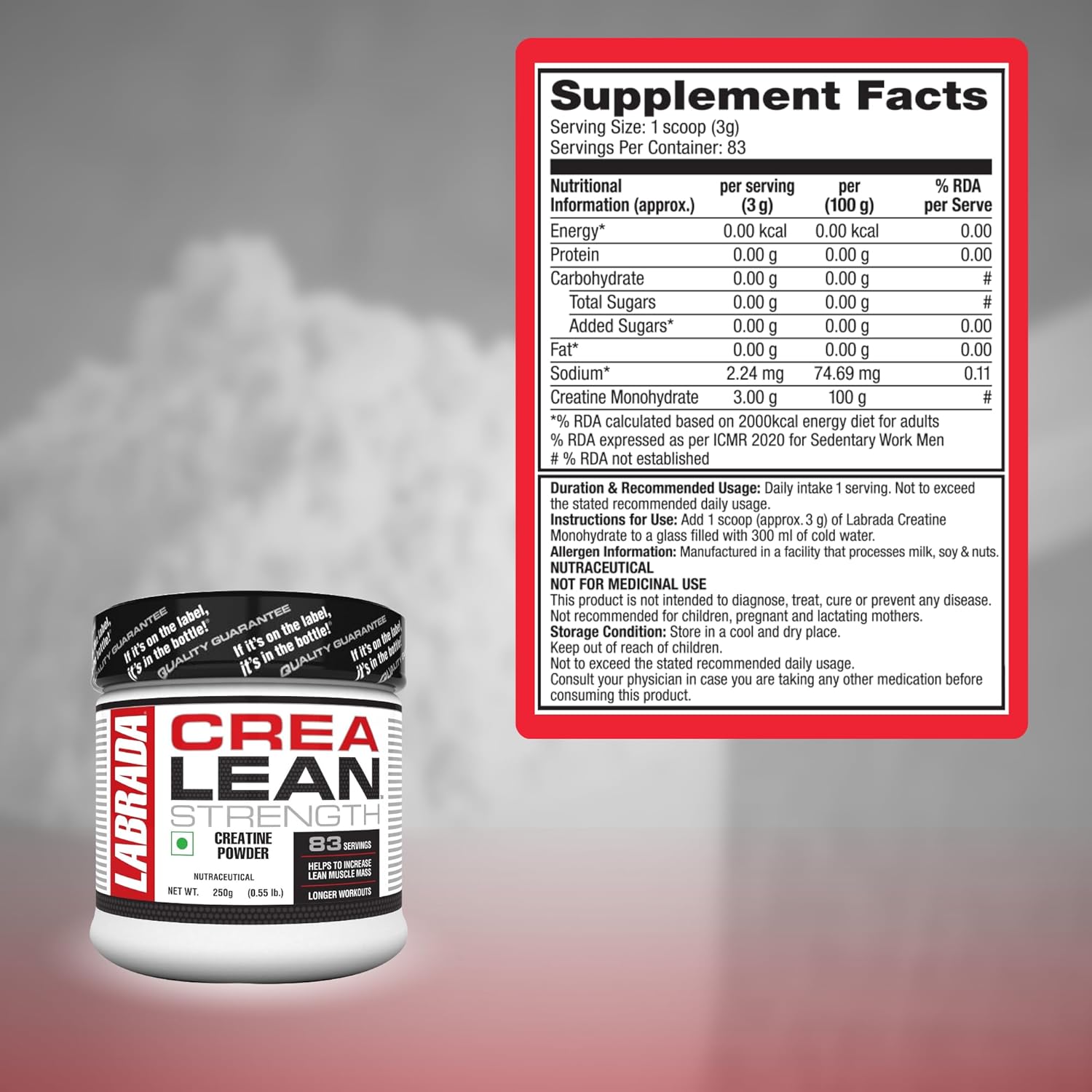 Labrada CreaLean Powder (Post Workout, Sustain longer workout, Muscle Repair & Recovery, 3g Creatine Monohydrate,For 83 Servings) - 0.55 lbs (250 gm)