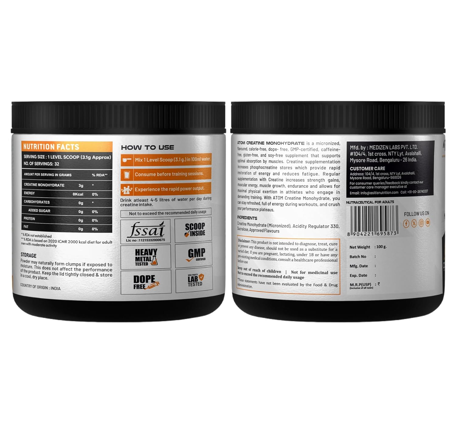 AS-IT-IS ATOM Creatine Monohydrate 100g - 32 Servings | Dope Free | Enhances Performance | Promotes Muscle Gains | Blue razz Flavour