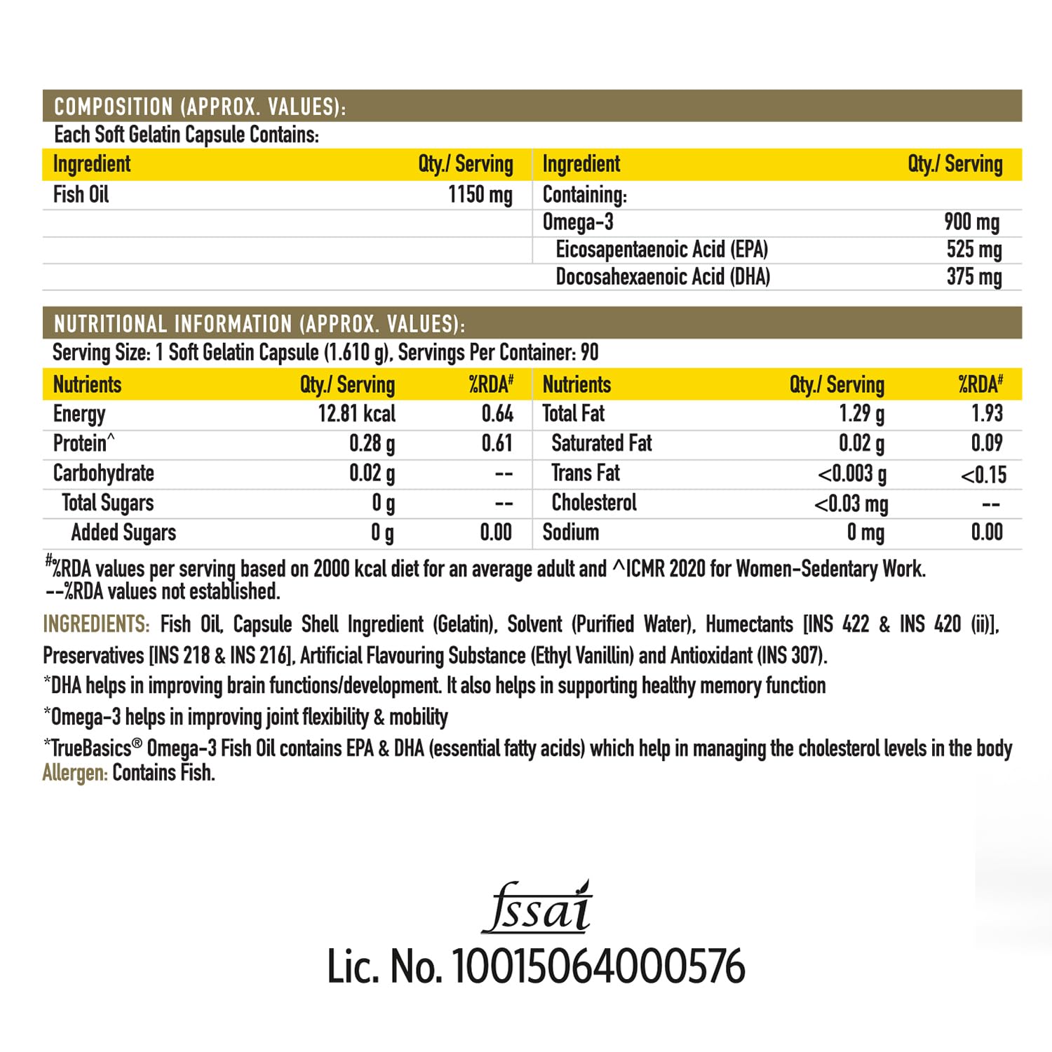 TrueBasics Omega 3 Fish Oil (90 Capsules) | Triple Strength with 1150mg Omega, 525mg EPA & 375mg DHA | For Healthy Heart, Eyes & Joints, 90 grams