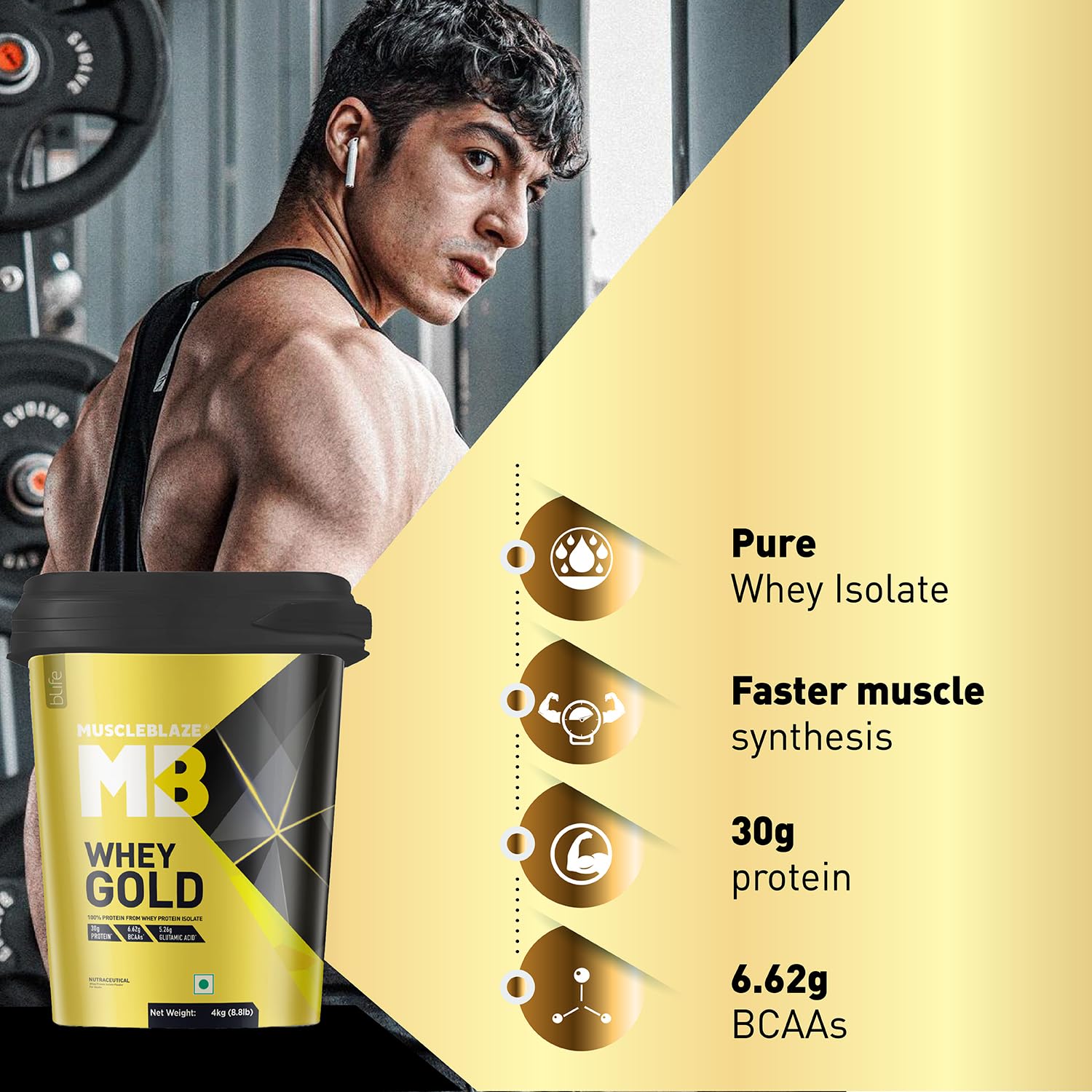 MuscleBlaze Whey Gold, 100% Whey Protein Isolate, Labdoor USA Certified, 30g Whey Protein Per Scoop (Rich Milk Chocolate, 4kg / 8.8lb)