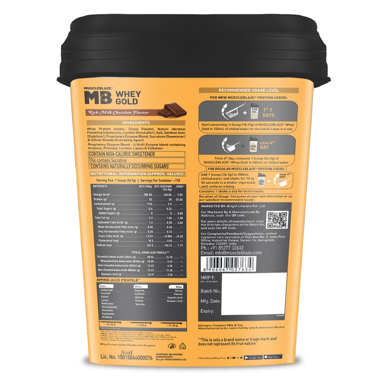 MuscleBlaze Whey Gold, 100% Whey Protein Isolate, Labdoor USA Certified, 30g Whey Protein Per Scoop (Rich Milk Chocolate, 4kg / 8.8lb)