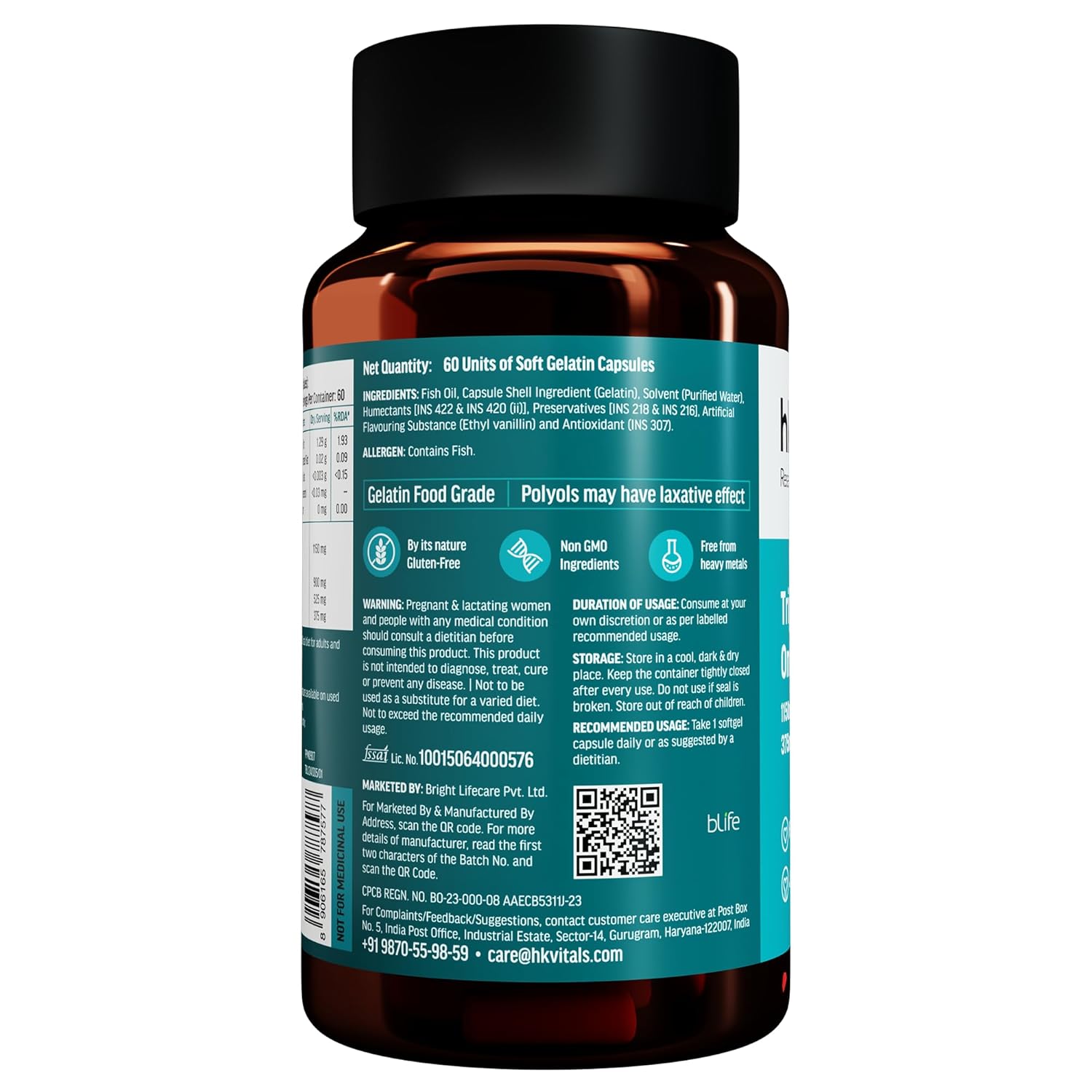 hk vitals Triple Strength Omega-3 Fish Oil Supplement (60 Capsules) | For Men and Women, 525mg EPA & 375mg DHA | For Healthy Heart & Joints
