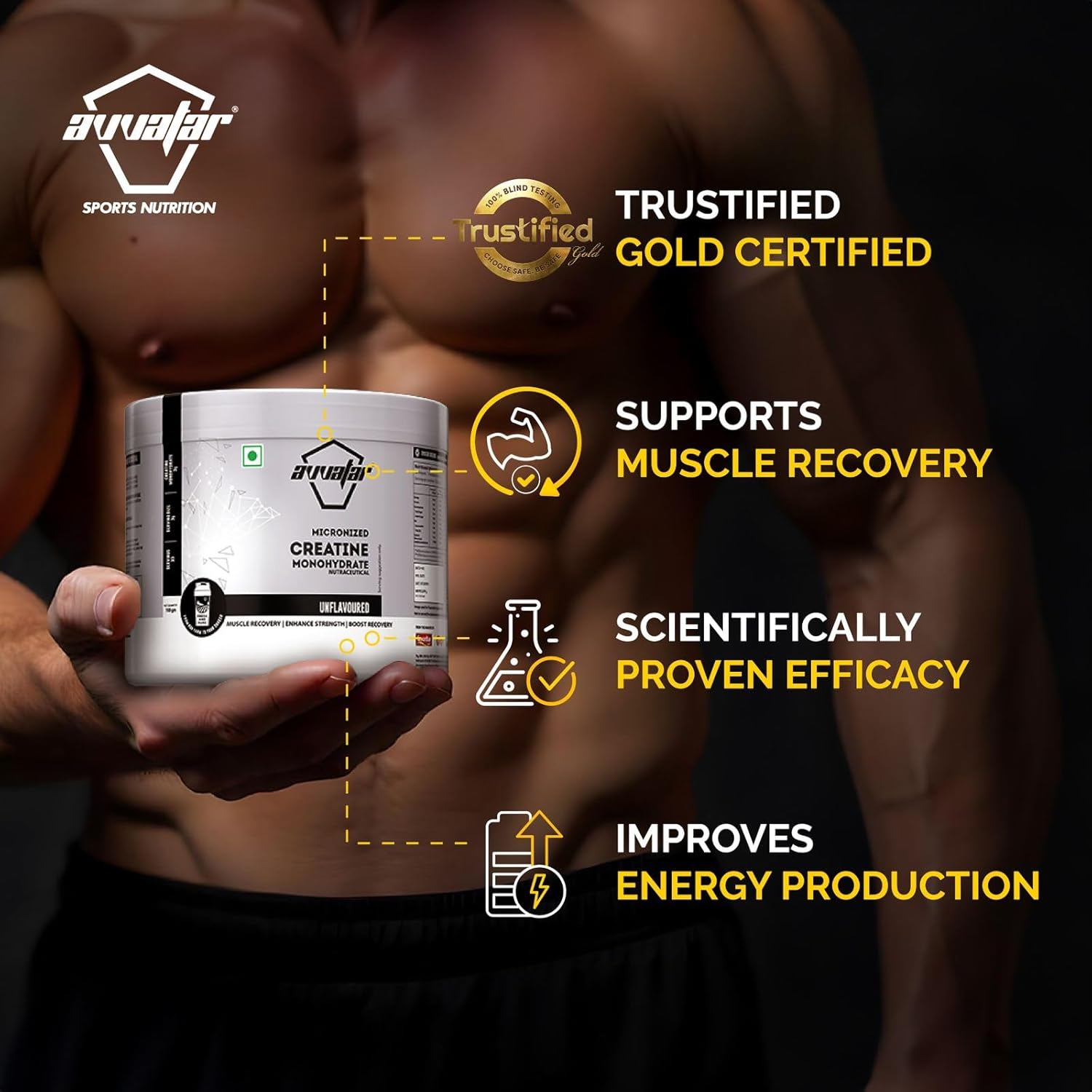 Avvatar Micronized Creatine Monohydrate Powder (100 G,33 Servings)|Unflavoured|Muscle Recovery|Enhance Strength|Boost Recovery,1 Count