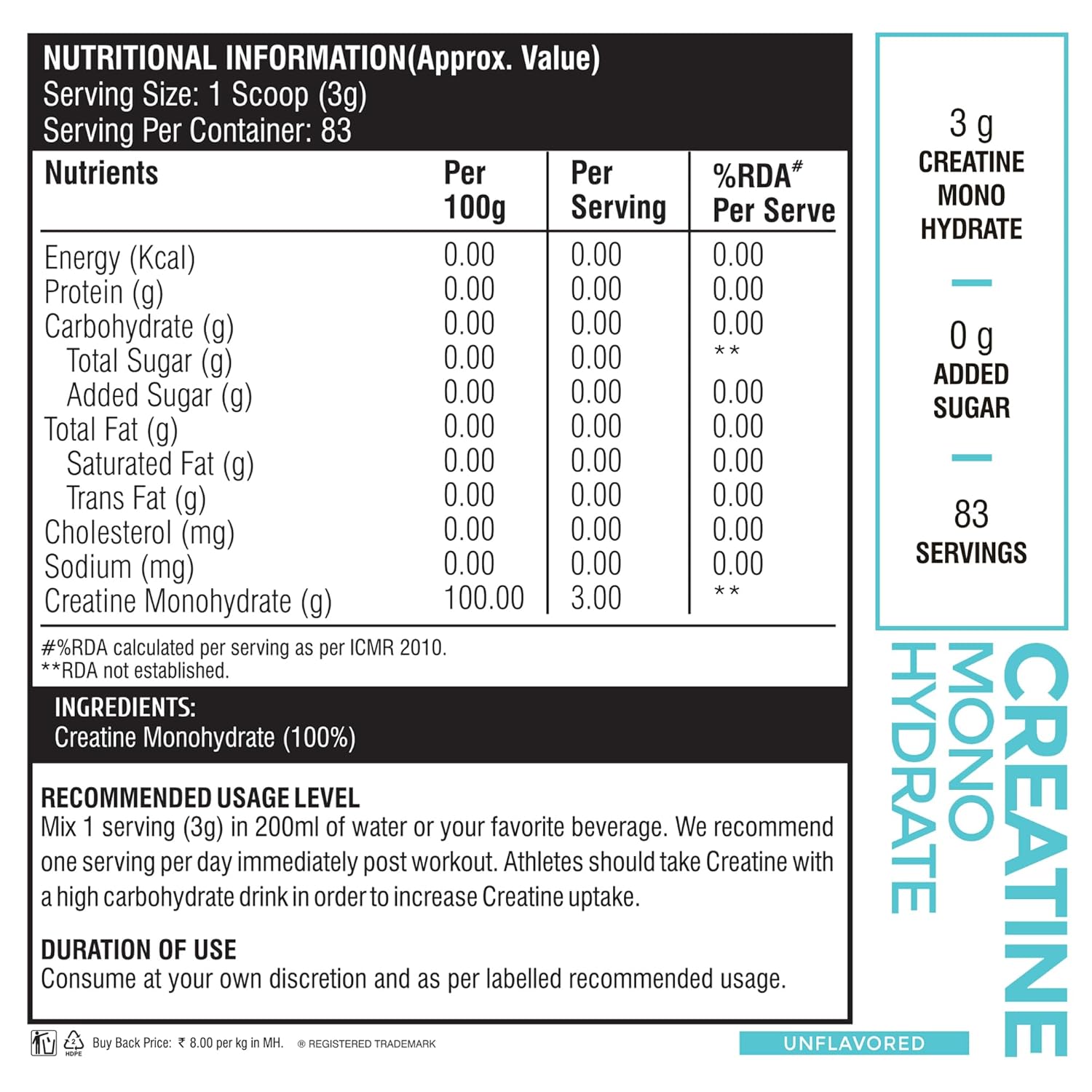 Healthfarm Creatine Monohydrate Powder - 3g of Micronized Creatine Powder per Serving,Lab Tested(250 GM) Enhanced Muscle Strength and Power | Fast Recovery | Increased Muscle Mass