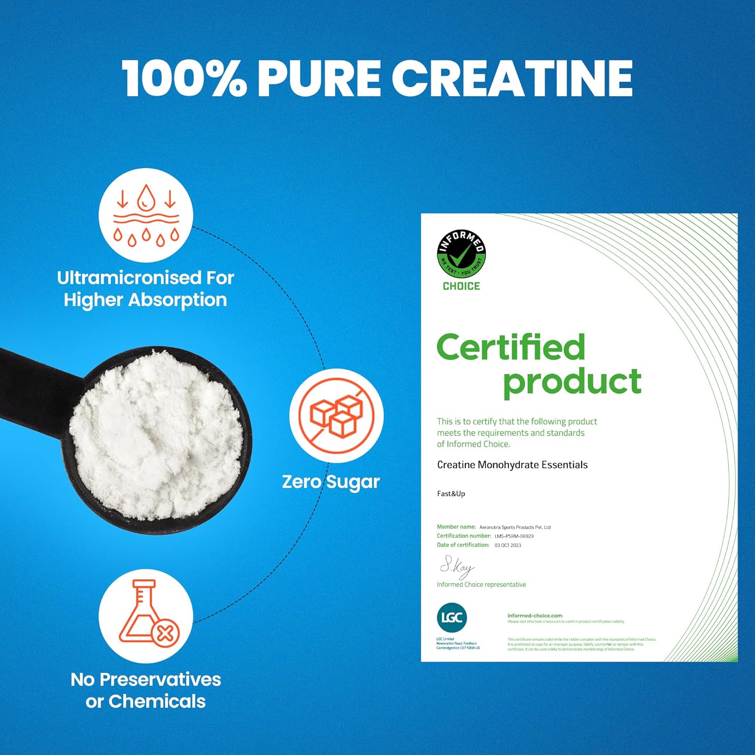 Fast&Up Creatine Monohydrate (Pack of 250g Powder, 83 Servings, Unflavored) Supports Muscle Endurance & Improved Athletic Performance, Provides Energy for Intense Workout