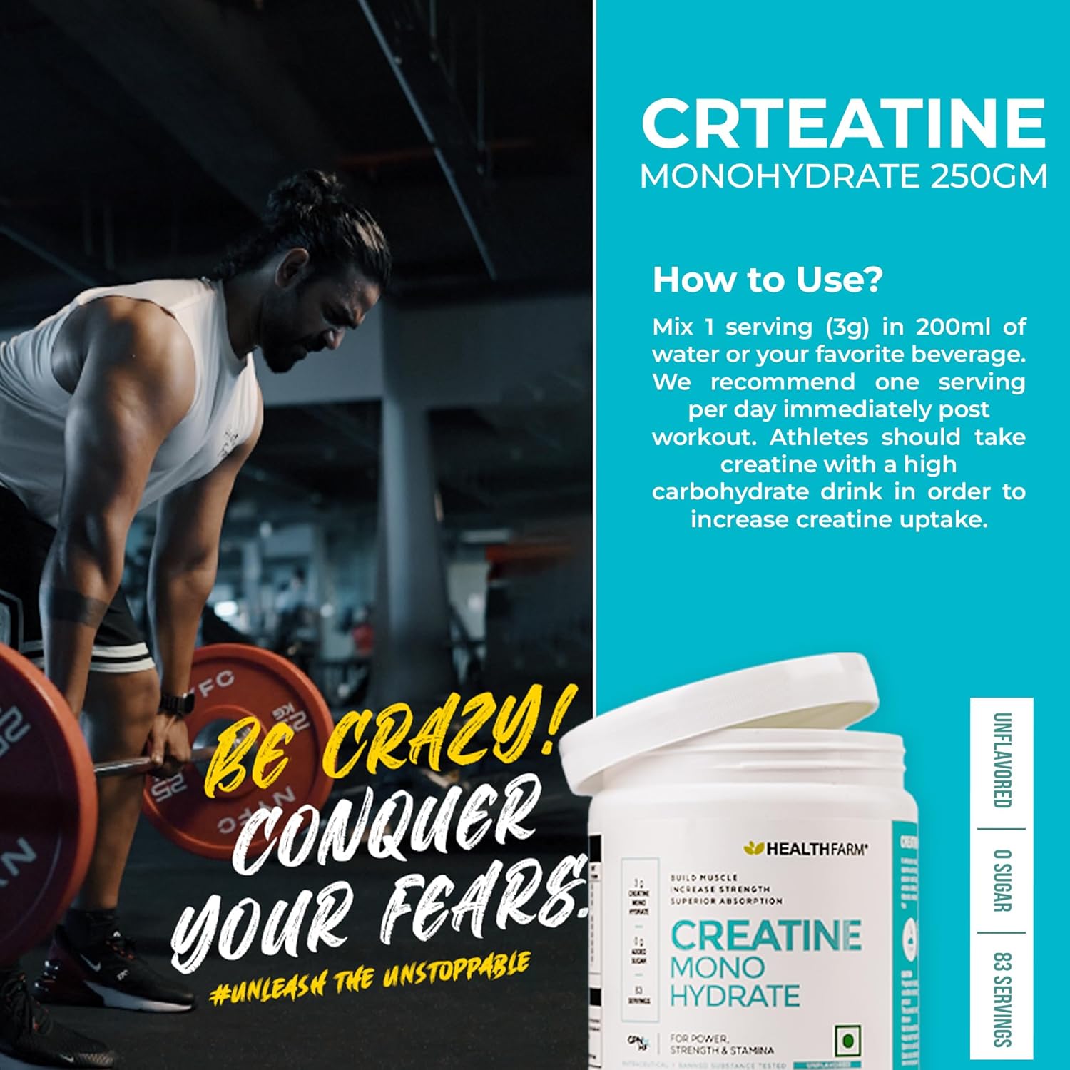 Healthfarm Creatine Monohydrate Powder - 3g of Micronized Creatine Powder per Serving,Lab Tested(250 GM) Enhanced Muscle Strength and Power | Fast Recovery | Increased Muscle Mass