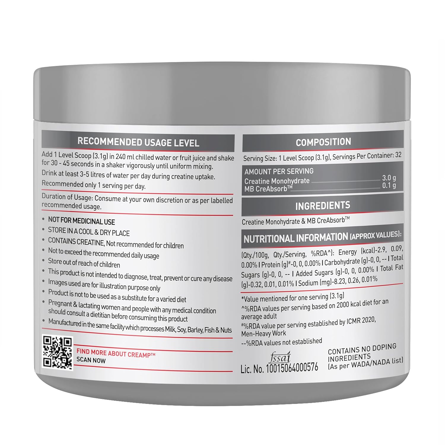 MuscleBlaze Micronised Creatine Monohydrate CreAMP Powder, Unflavoured (32 Servings, 100g) | Trustified Certified Creatine
