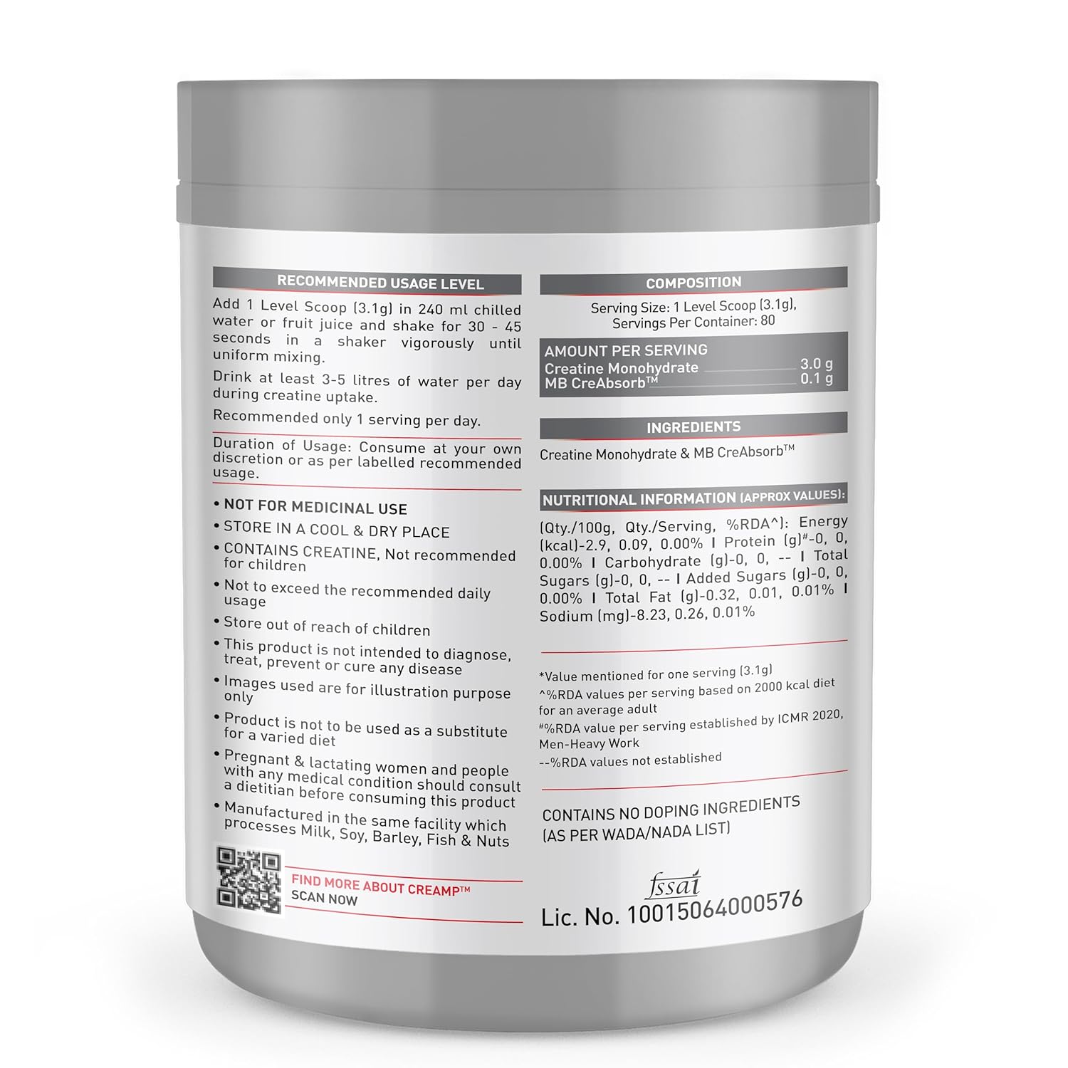 MuscleBlaze Micronised Creatine Monohydrate CreAMP Powder, Unflavoured (80 Servings, 250g) | Trustified Certified Creatine