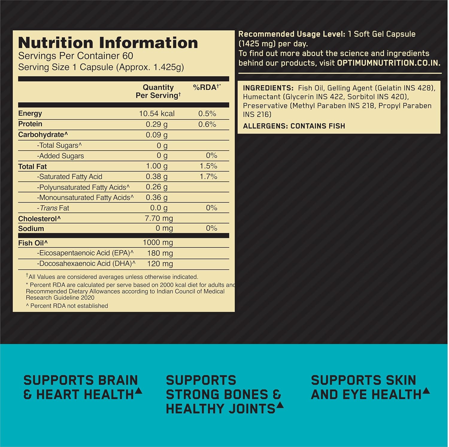Optimum Nutrition (ON) Fish Oil - 60 Capsules, 300mg EPA/DHA Omega -3 Fatty Acids for Strong Bones-Healthy Joints, Brain, Heart, Skin & Eye Health