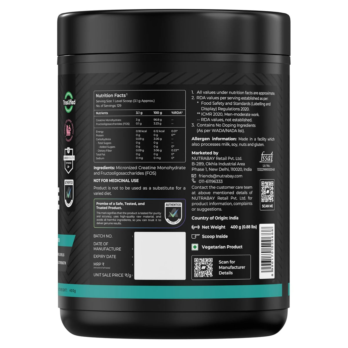 NUTRABAY PURE CREATINE MONOHYDRATE MICRONIZED 400 GM UNFLAVOURED