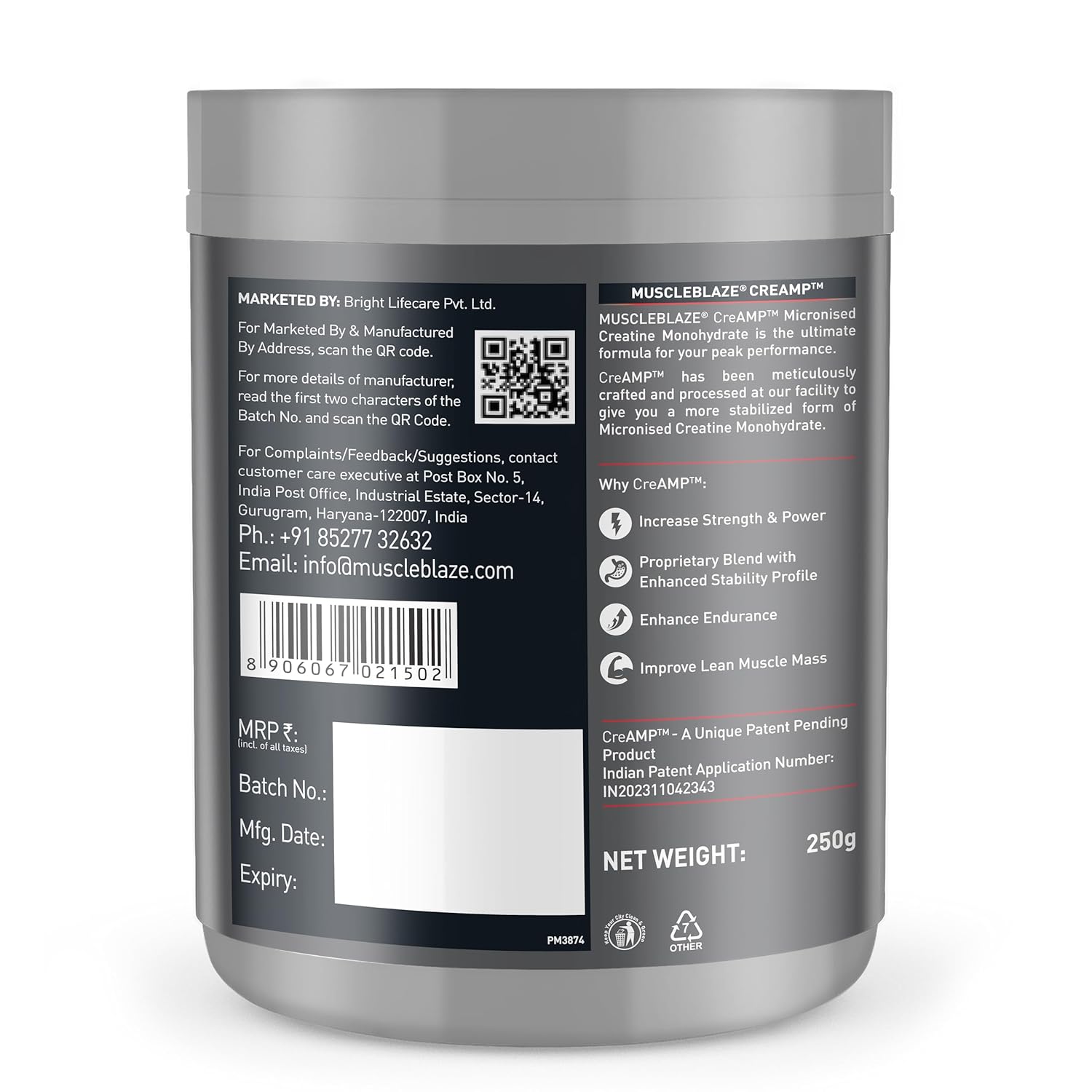 MuscleBlaze Micronised Creatine Monohydrate CreAMP Powder, Unflavoured (80 Servings, 250g) | Trustified Certified Creatine