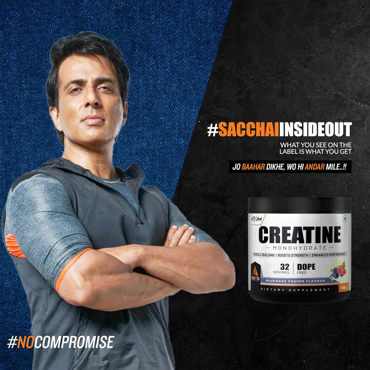 AS-IT-IS ATOM Creatine Monohydrate 100g - 32 Servings | Dope Free | Enhances Performance | Promotes Muscle Gains | Blue razz Flavour
