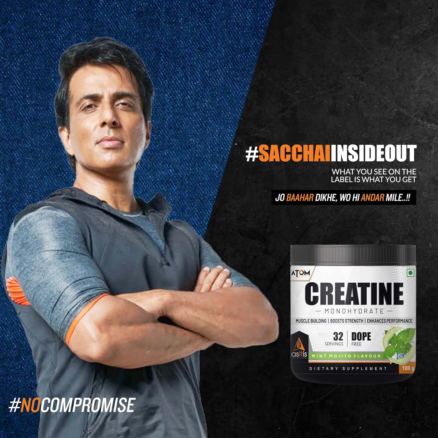 AS-IT-IS ATOM Creatine Monohydrate 100g - 32 Servings, Cool Spearmint, Dope free, Enhances Performance, Promotes Muscle Gains
