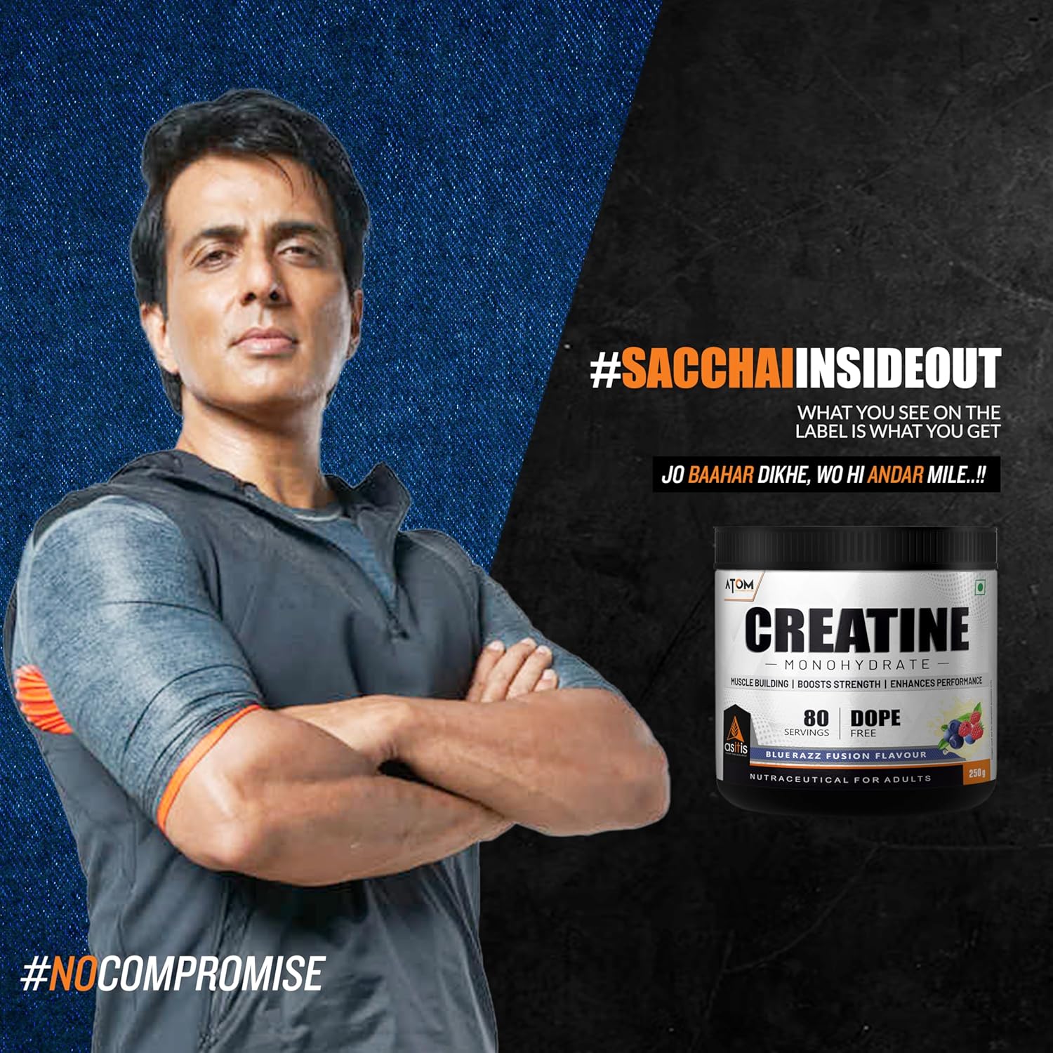 AS-IT-IS ATOM Creatine Monohydrate 250g - 80 Servings | Dope Free | Enhances Performance | Promotes Muscle Gains | Blue Razz Flavour