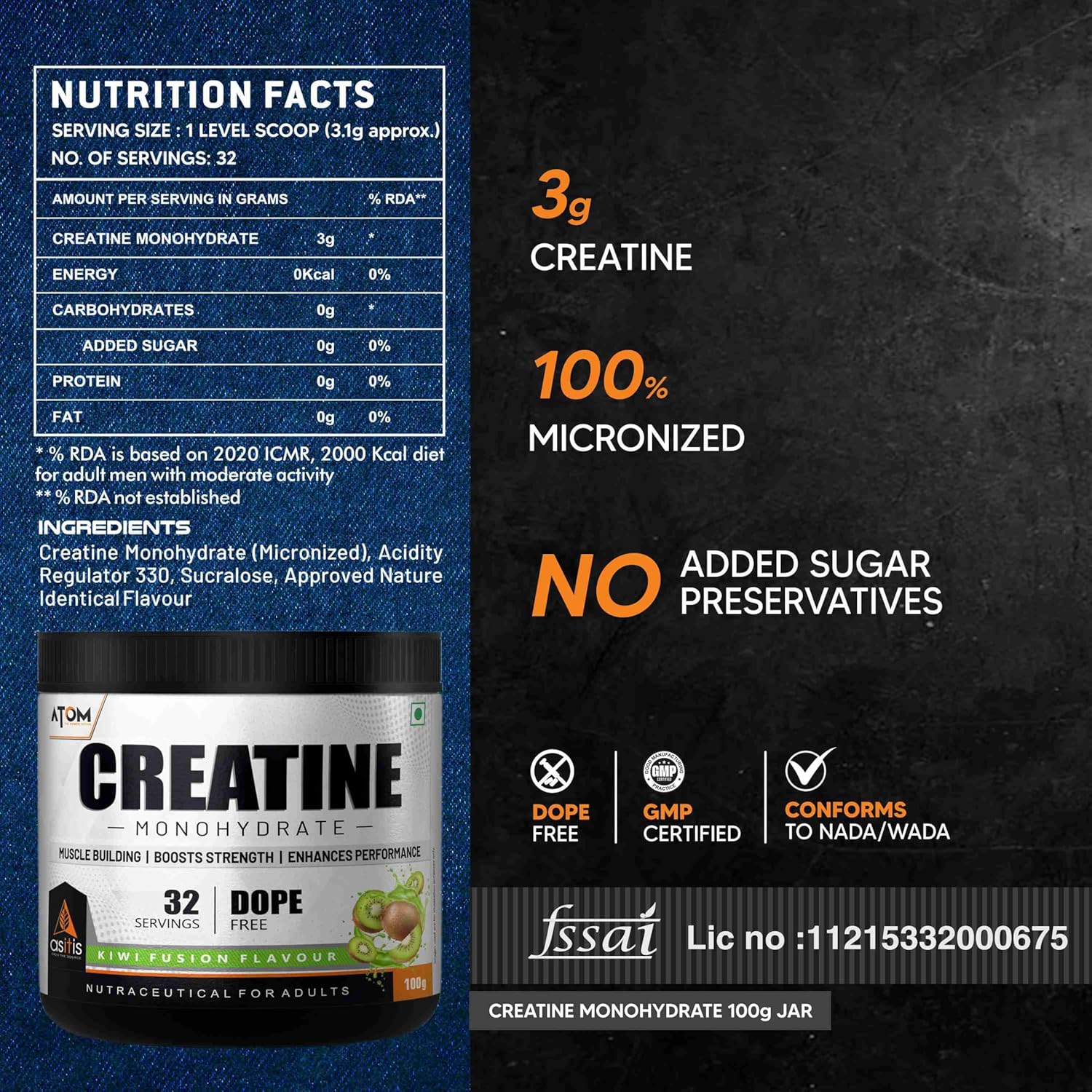 AS-IT-IS ATOM Creatine Monohydrate 100g - 32 Servings, Cool Spearmint, Dope free, Enhances Performance, Promotes Muscle Gains