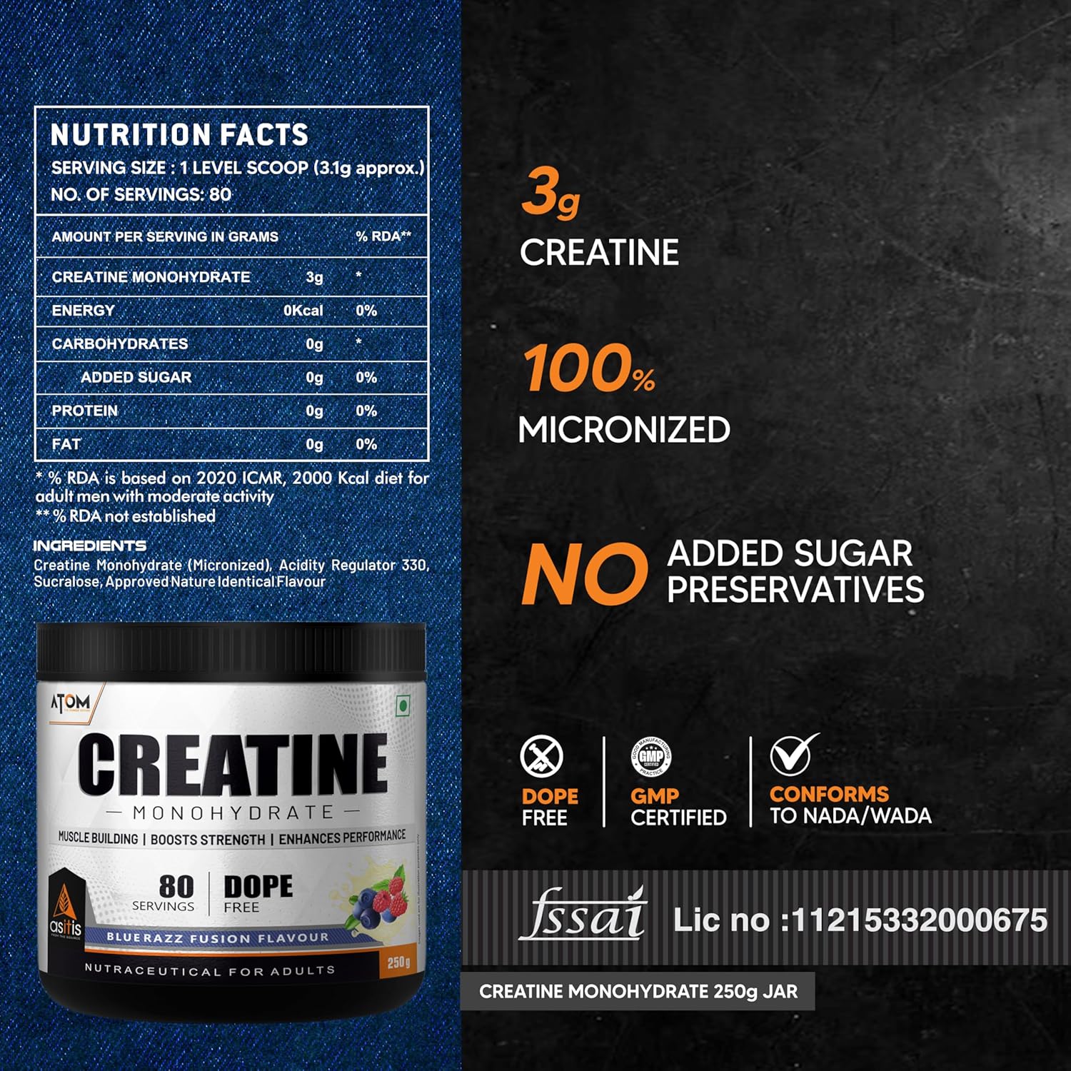 AS-IT-IS ATOM Creatine Monohydrate 250g - 80 Servings | Dope Free | Enhances Performance | Promotes Muscle Gains | Blue Razz Flavour