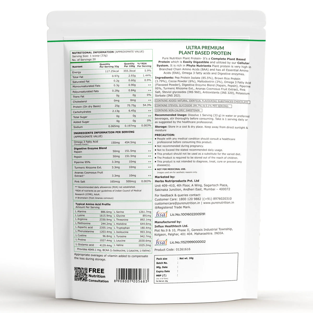 PURE NUTRITION PURE VEGAN PROTEIN 1 KG CHOCOLATE