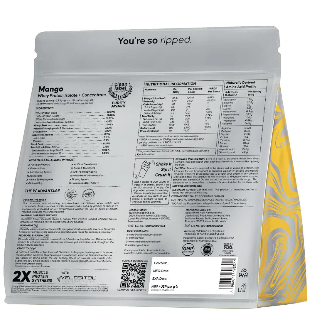 Wellbeing Nutrition 100% Native Whey Protein Isolate + Concentrate 1 Kg Mango