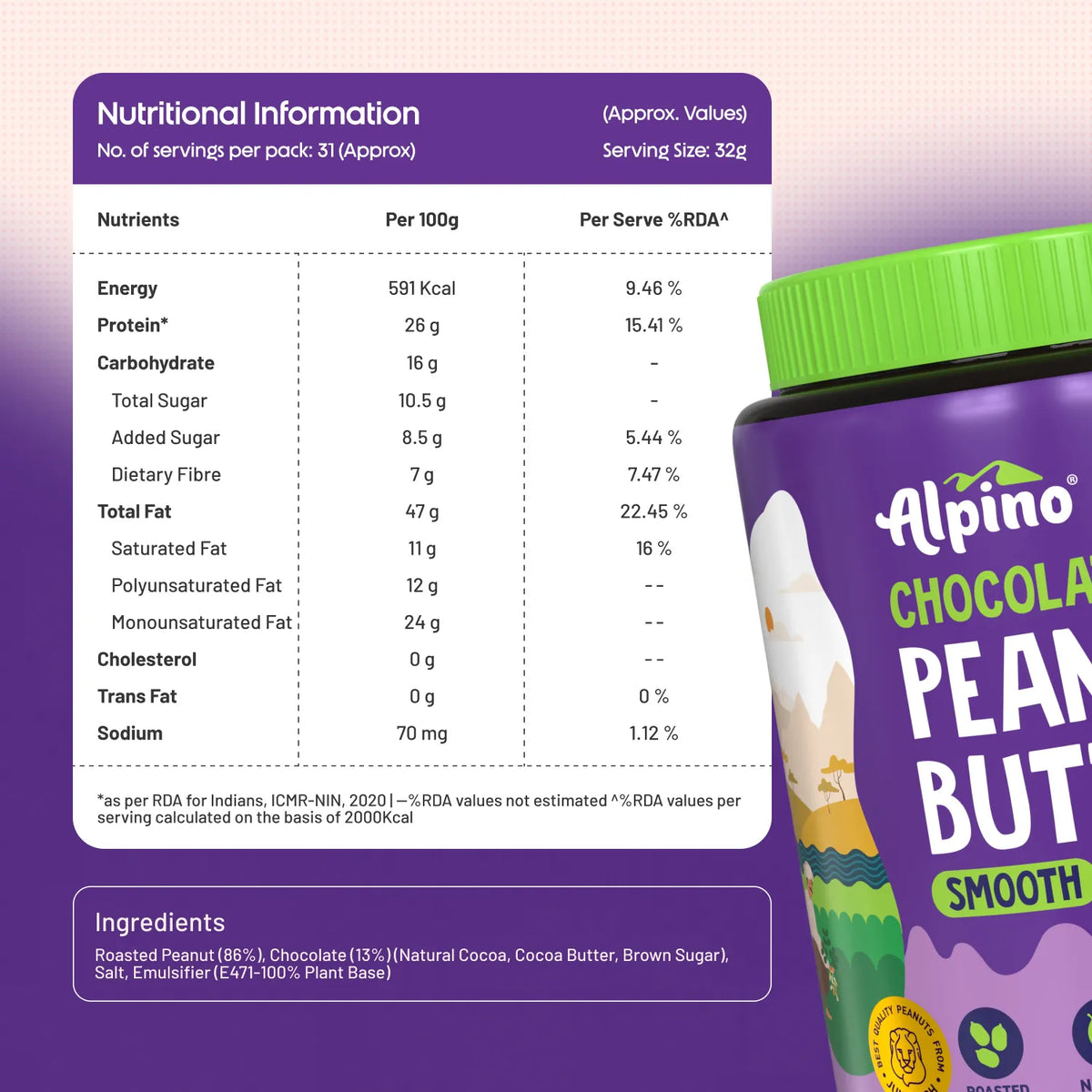 Alpino Chocolate Peanut Butter 1 Kg Smooth - front