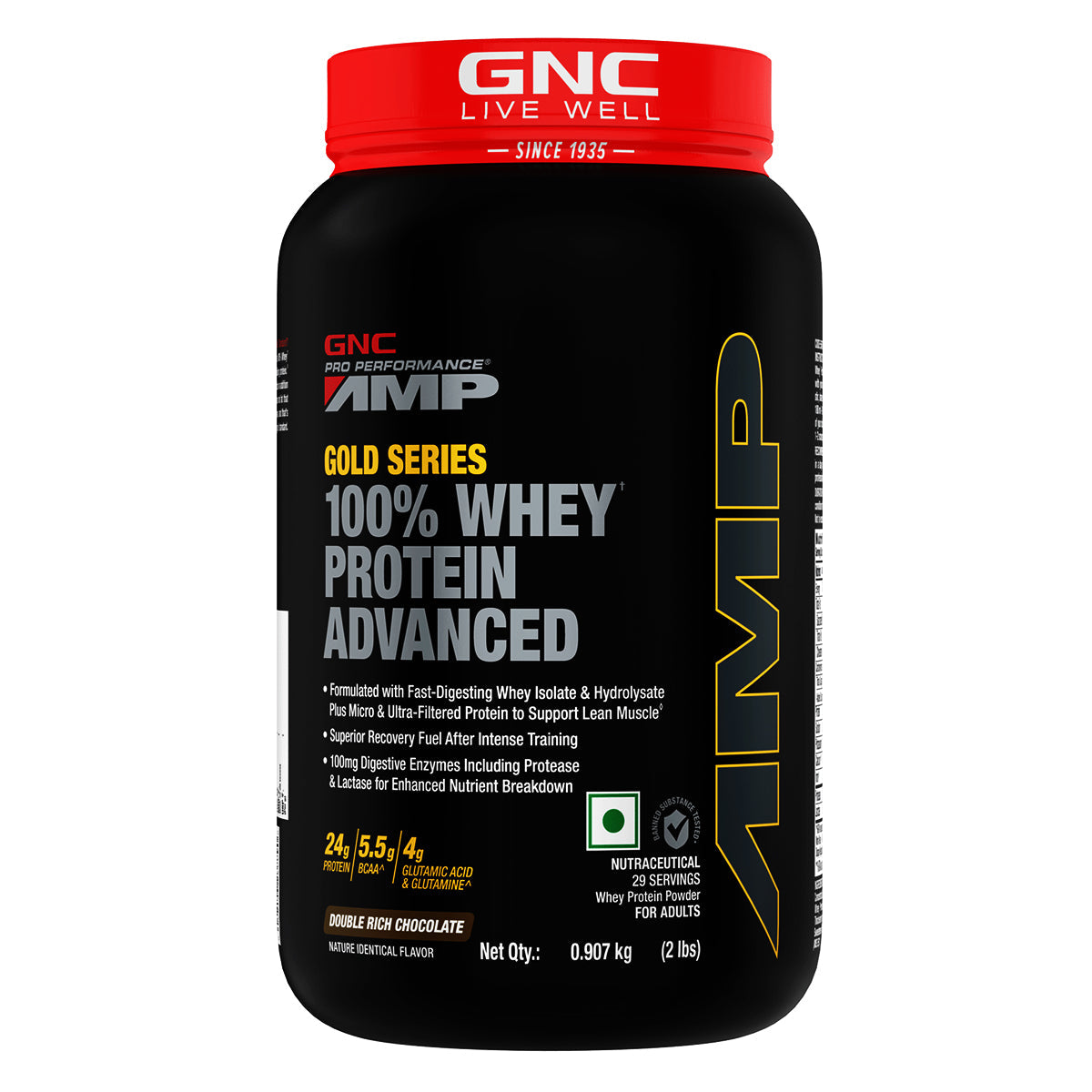 GNC AMP GOLD SERIES 100% WHEY PROTEIN ADVANCE 907 GM DOUBLE RICH CHOCOLATE