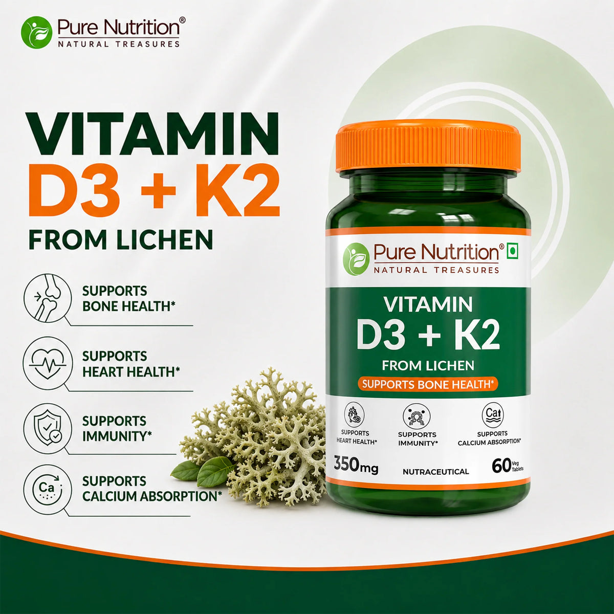 Pure Nutrition Vitamin D3 + K2 350 Mg 60 Veg Tablets