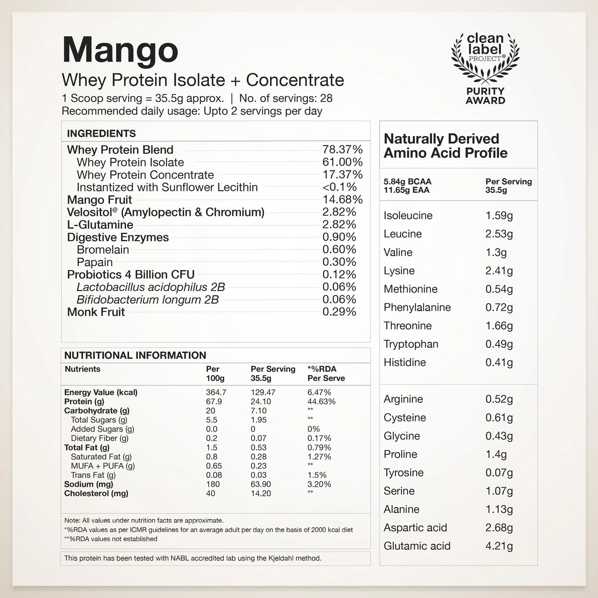 Wellbeing Nutrition 100% Native Whey Protein Isolate + Concentrate 1 Kg Mango